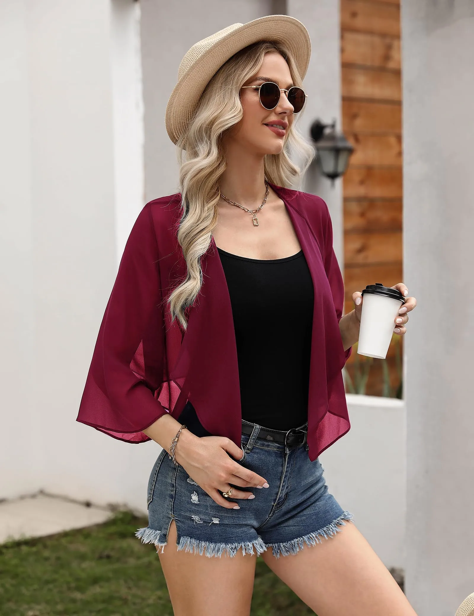 Aottori Coprispalle Donna in Chiffon Bolero Corto, Vino Rosso, M - immagine 5
