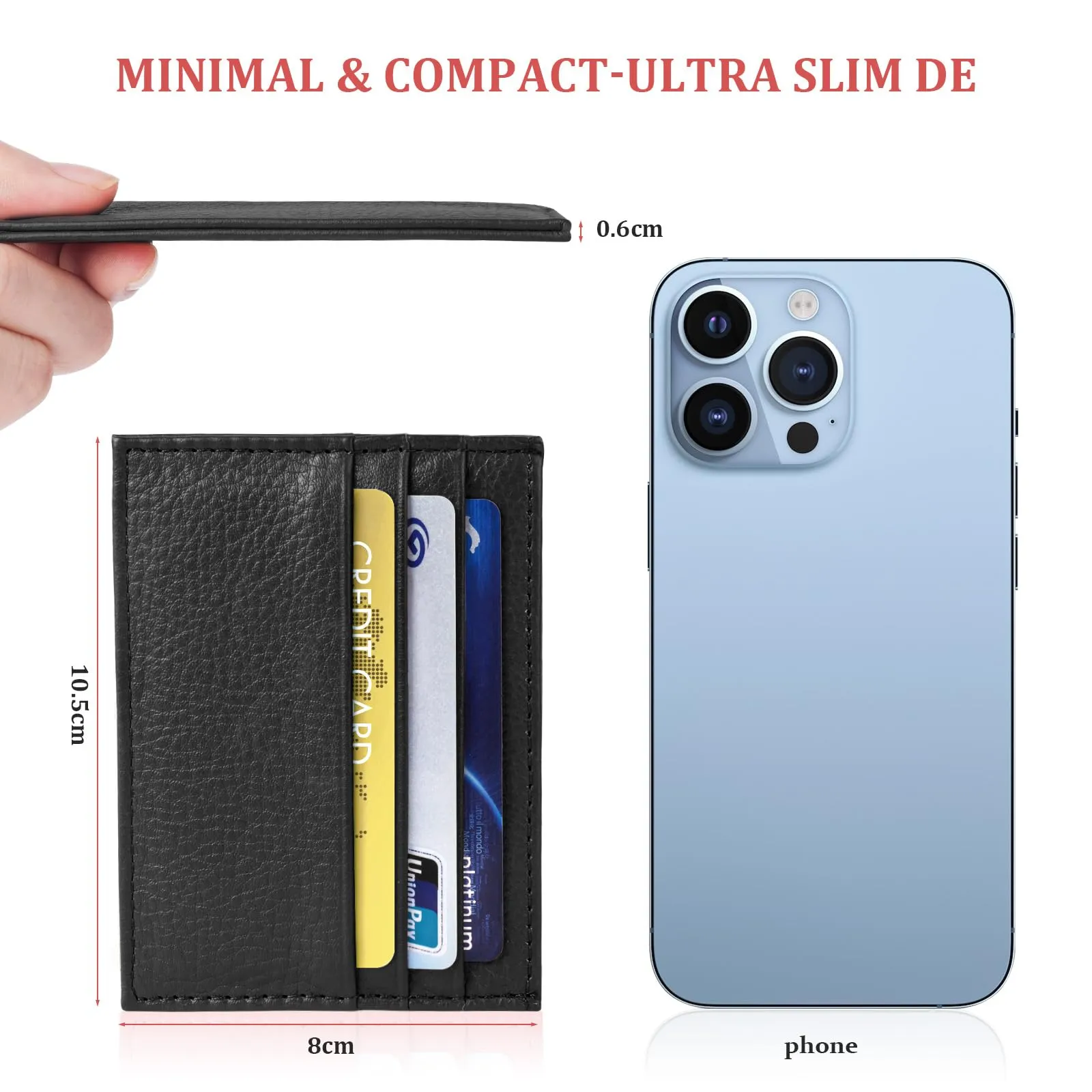 URAQT Porta carte di credito in pelle ultra sottile, Nero - immagine 2