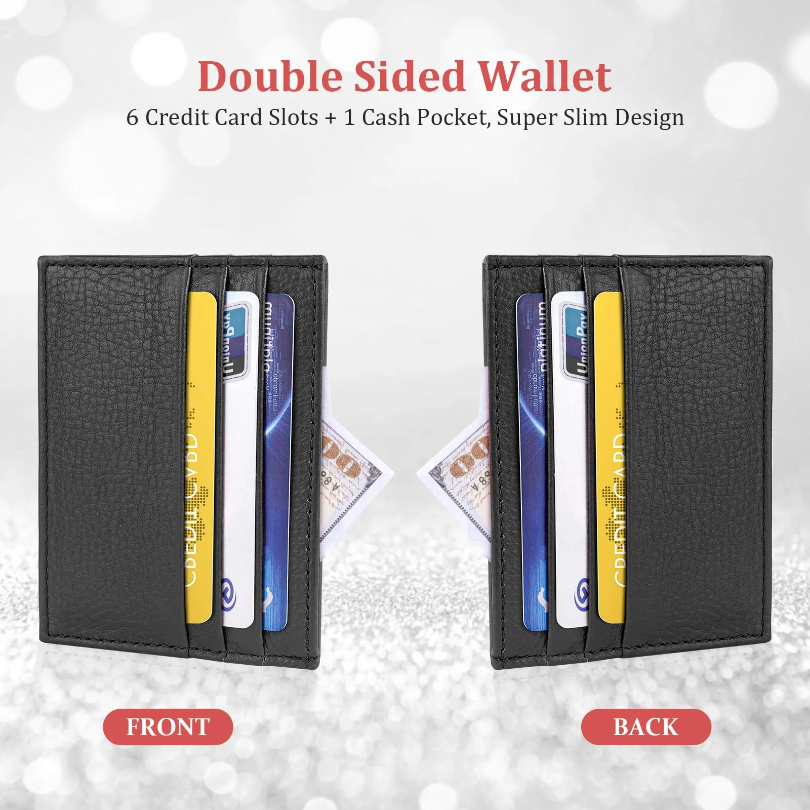 URAQT Porta carte di credito in pelle ultra sottile, Nero - immagine 4