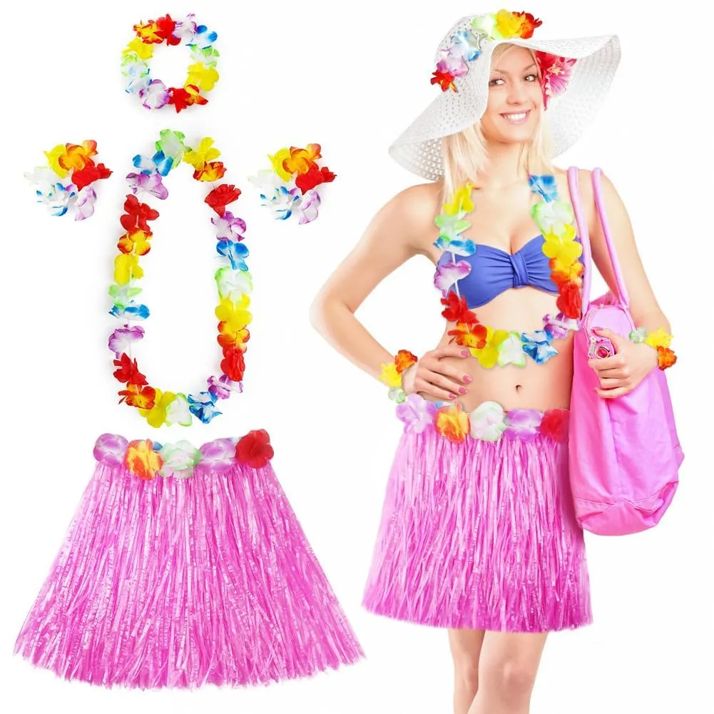 Aomig Set Costume Hawaiano 5 Pezzi, Gonna Hula a Fiori, Ghirlande e Accessori, Rosa - immagine 1