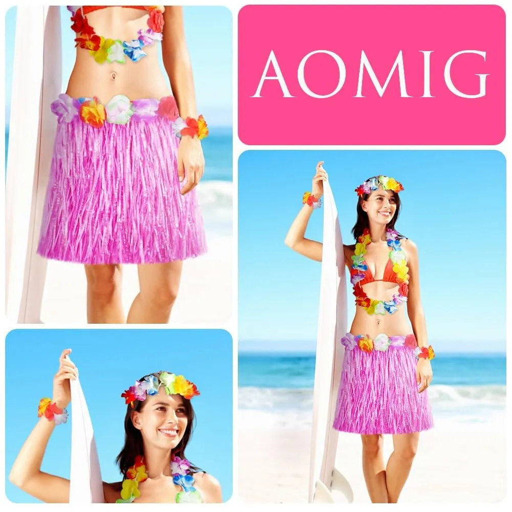 Aomig Set Costume Hawaiano 5 Pezzi, Gonna Hula a Fiori, Ghirlande e Accessori, Rosa - immagine 2