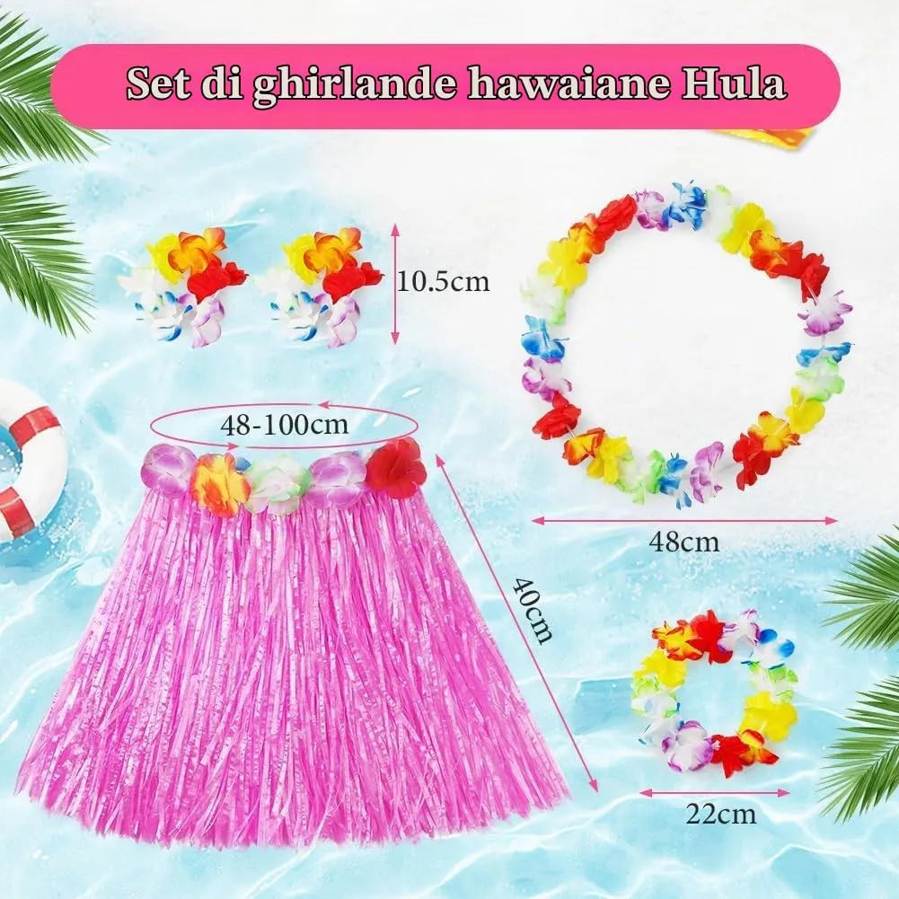 Aomig Set Costume Hawaiano 5 Pezzi, Gonna Hula a Fiori, Ghirlande e Accessori, Rosa - immagine 3