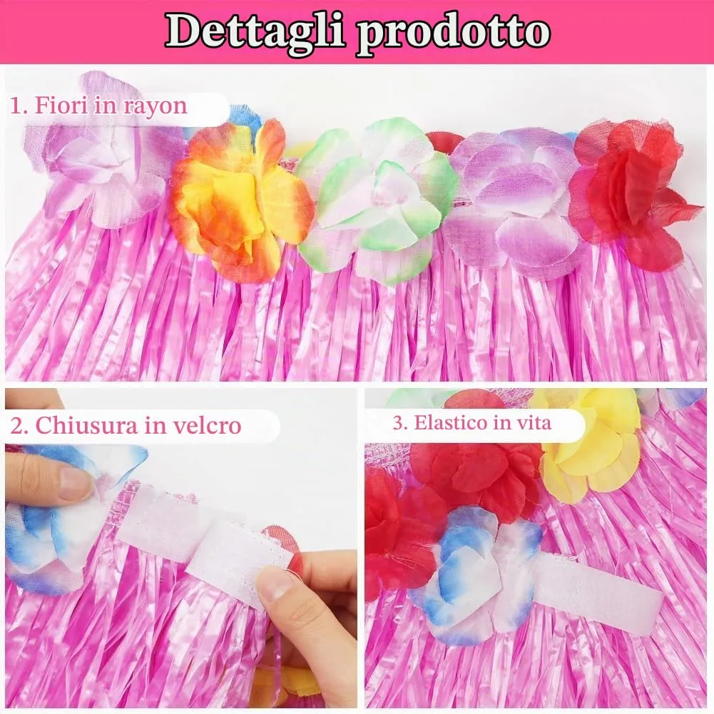 Aomig Set Costume Hawaiano 5 Pezzi, Gonna Hula a Fiori, Ghirlande e Accessori, Rosa - immagine 4