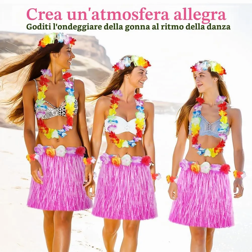 Aomig Set Costume Hawaiano 5 Pezzi, Gonna Hula a Fiori, Ghirlande e Accessori, Rosa - immagine 5