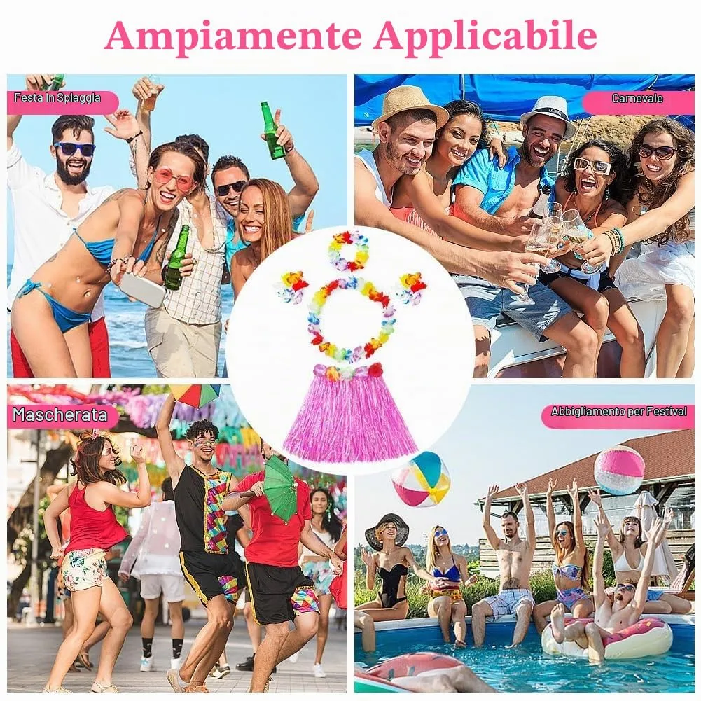 Aomig Set Costume Hawaiano 5 Pezzi, Gonna Hula a Fiori, Ghirlande e Accessori, Rosa - immagine 6