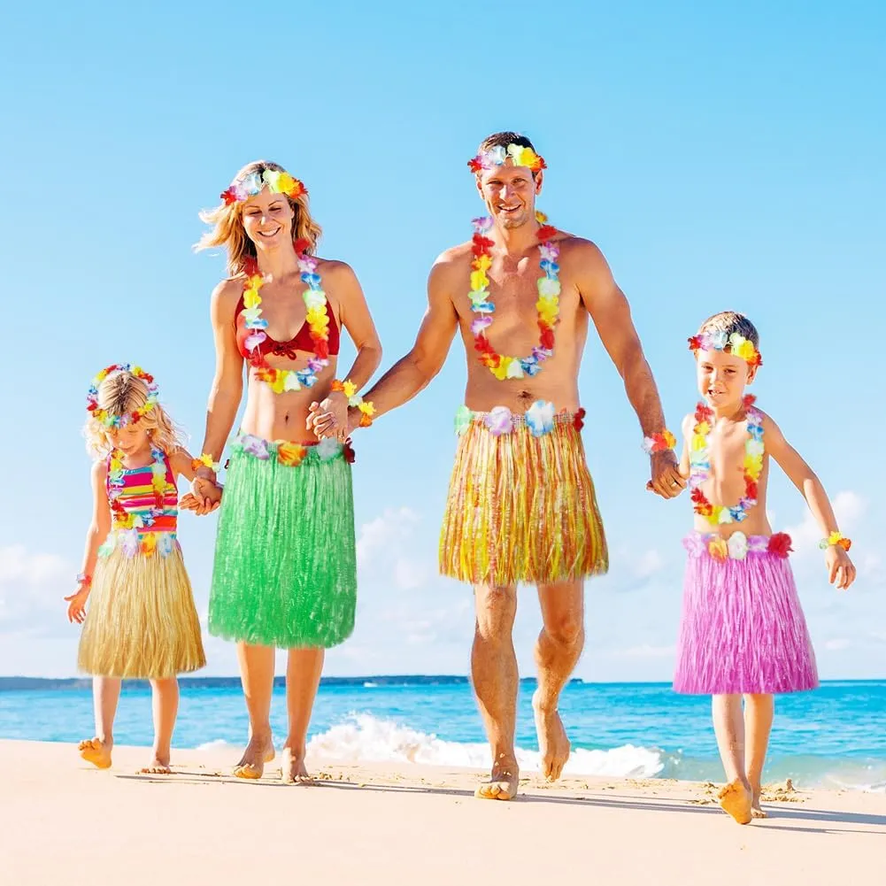 Aomig Set Costume Hawaiano 5 Pezzi, Gonna Hula a Fiori, Ghirlande e Accessori, Rosa - immagine 7