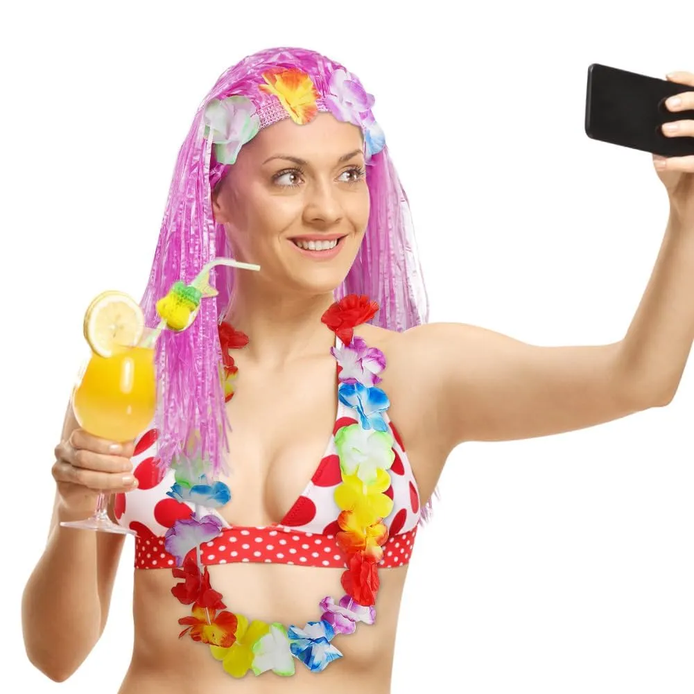 Aomig Set Costume Hawaiano 5 Pezzi, Gonna Hula a Fiori, Ghirlande e Accessori, Rosa - immagine 8