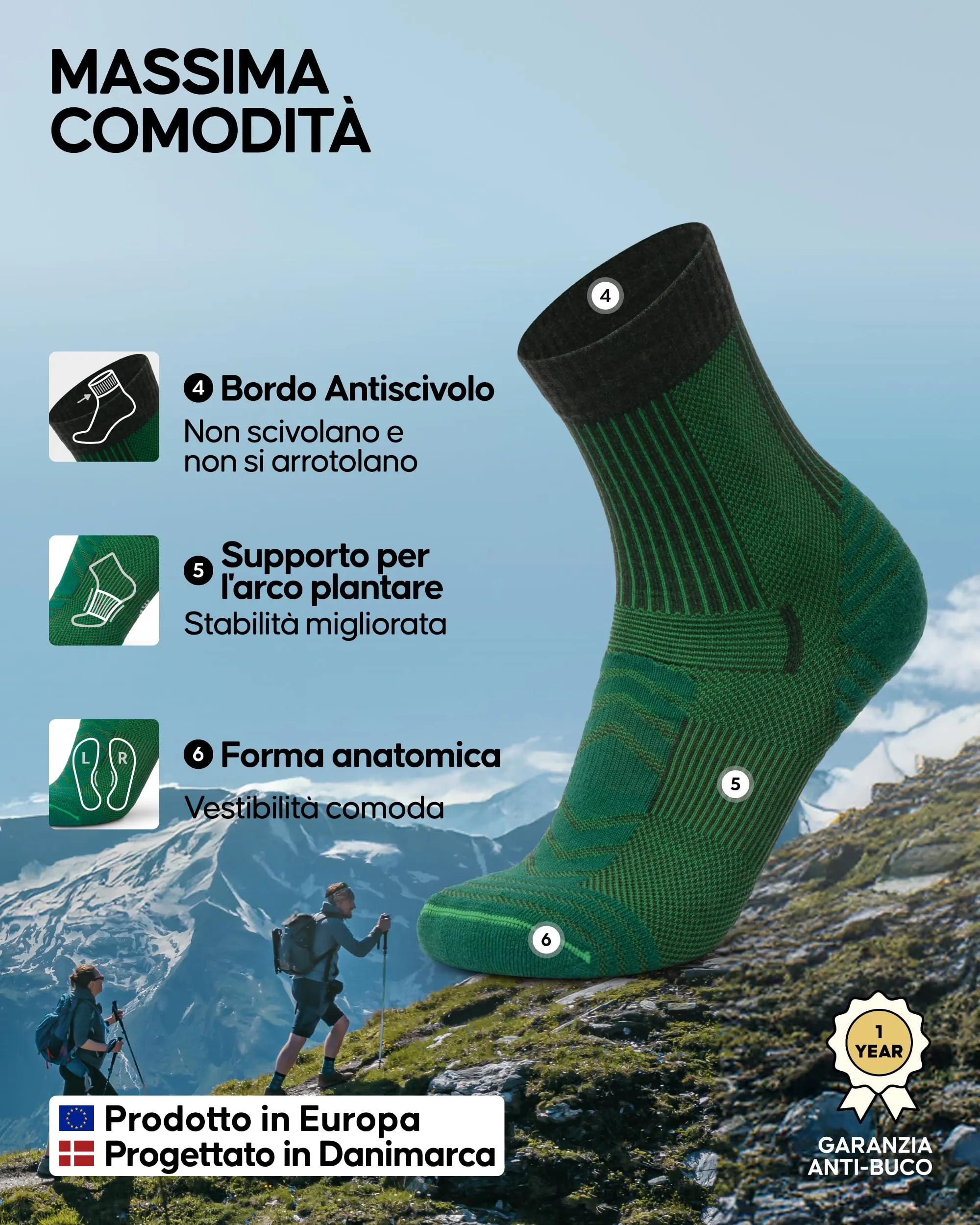 Danish Endurance Calze Trekking Leggere in Lana Merino, 5 Paia, Multicolore, 39-42 - immagine 3