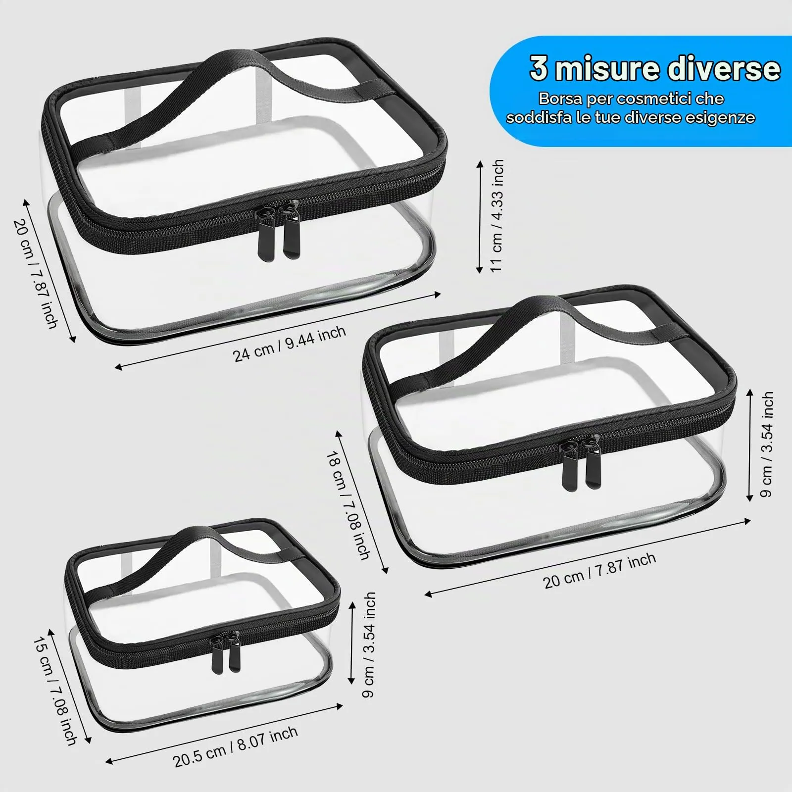 Aucuu Beauty Case Trasparente, Set 3 Pezzi Borse da Toilette Impermeabili per Viaggio e Cosmetici - immagine 2