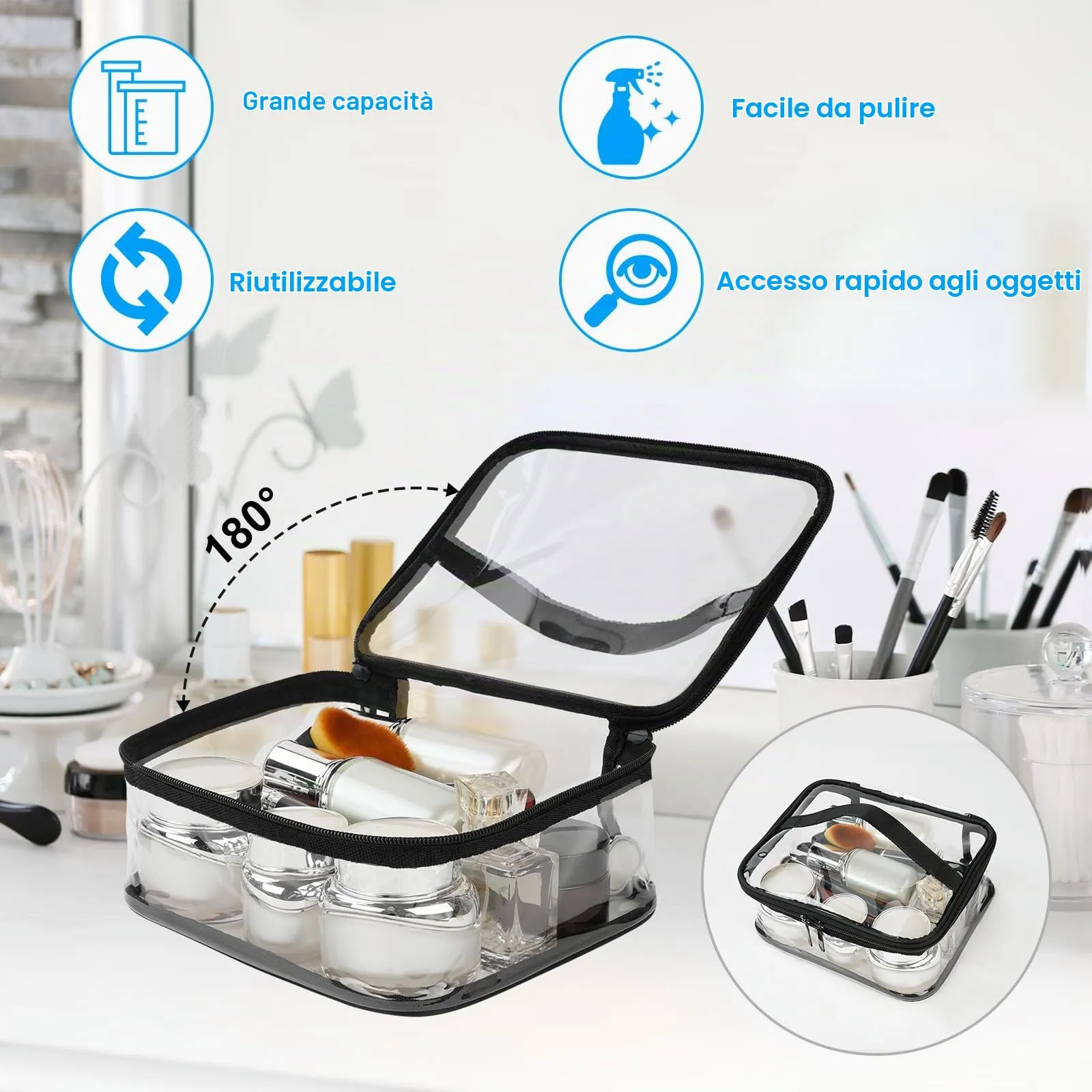 Aucuu Beauty Case Trasparente, Set 3 Pezzi Borse da Toilette Impermeabili per Viaggio e Cosmetici - immagine 4