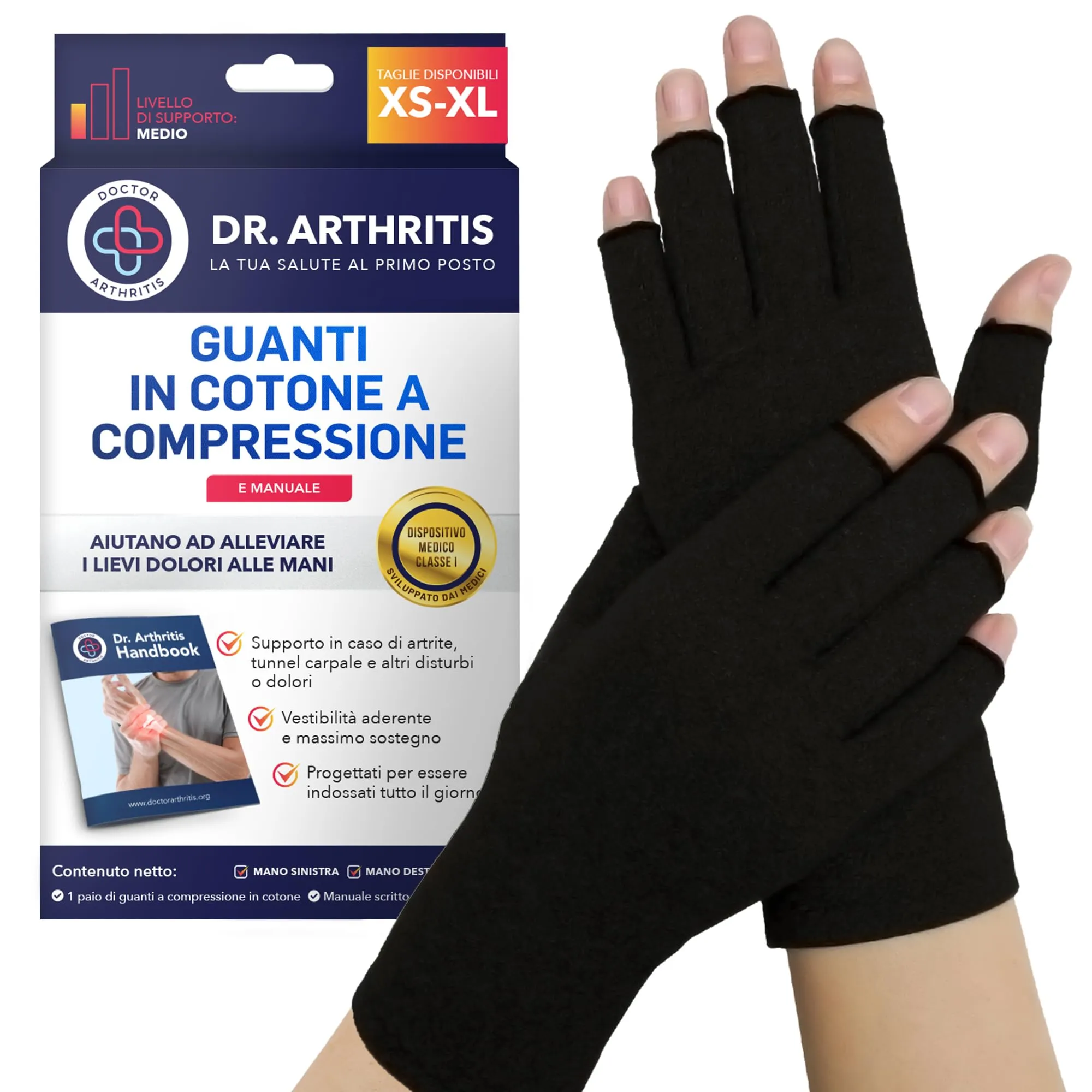 Dr. Arthritis Guanti per Artrosi e Tunnel Carpale, Polsiera Ortopedica a Compressione in Cotone, Senza Dita, Nero, Taglia S (2 Paia) - immagine 1