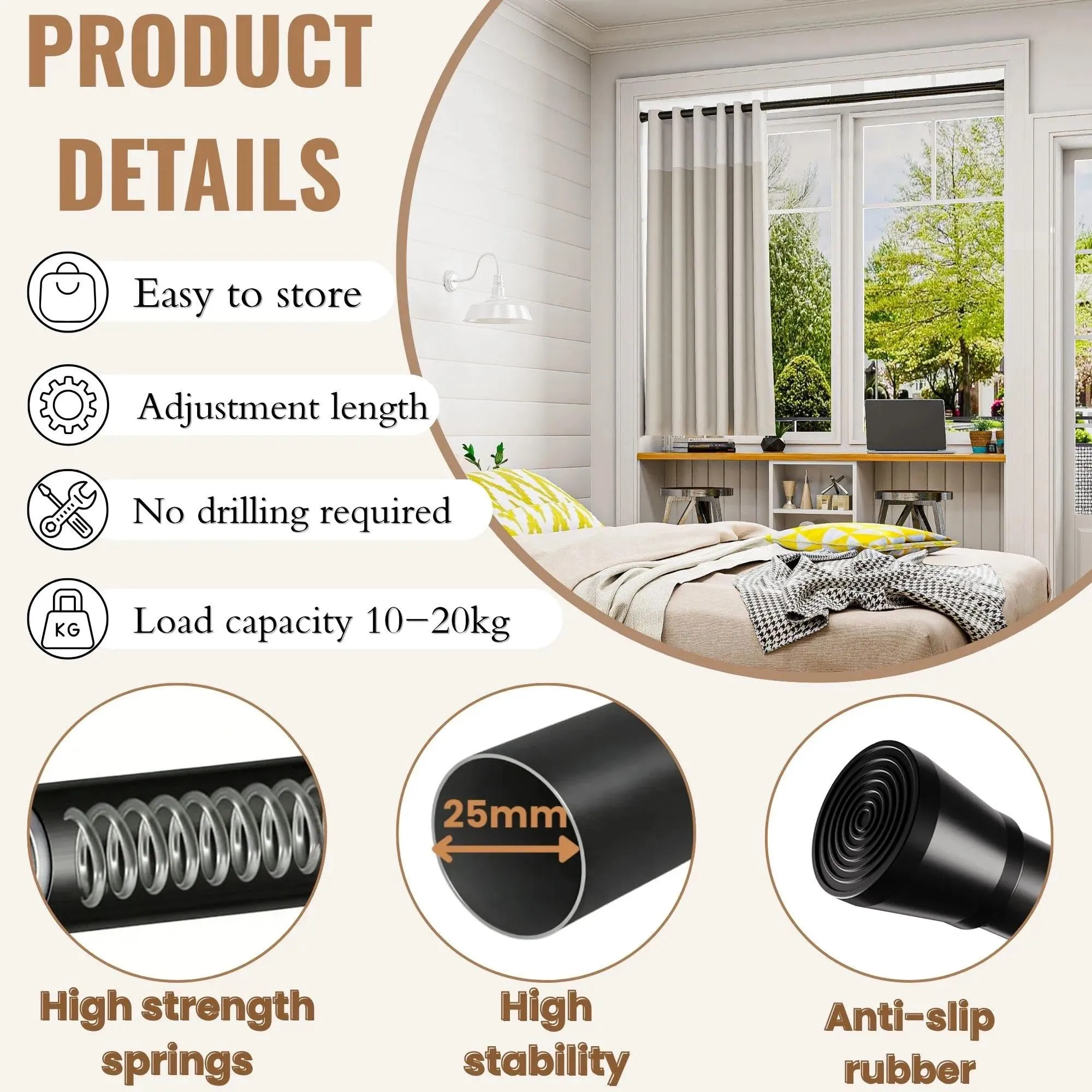 Rod&Trikin Bastone a Pressione per Tenda Estensibile, Acciaio Inossidabile, Argento, 67-85cm, 2 Pezzi - immagine 3