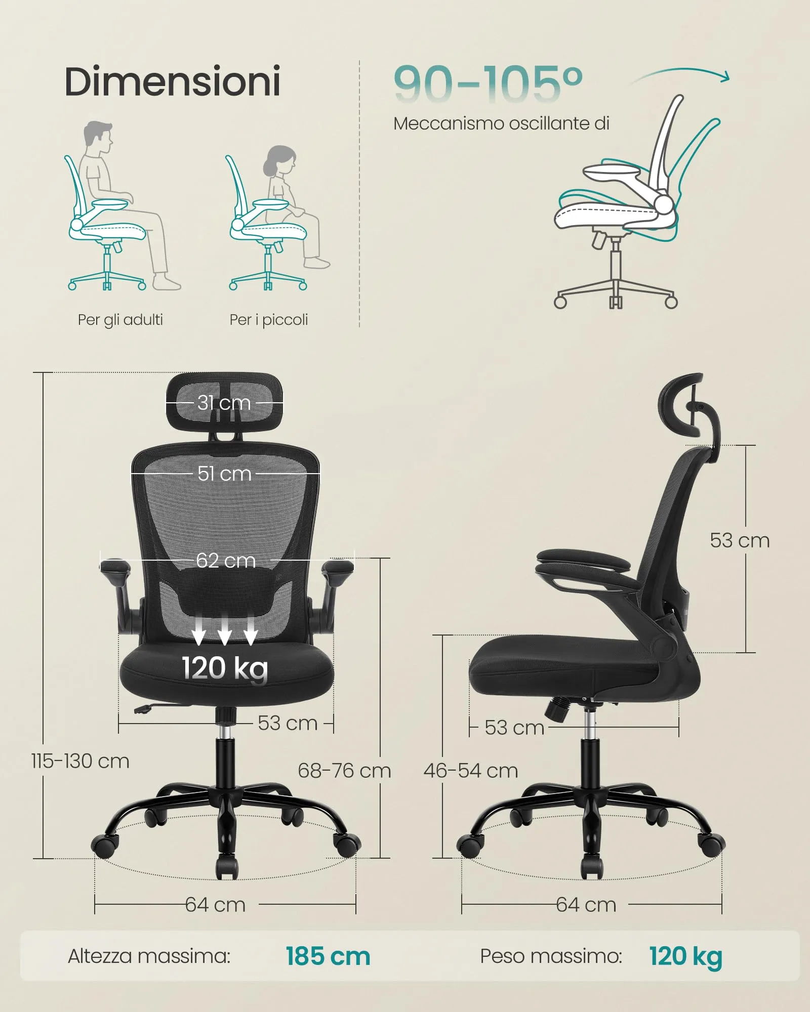 SONGMICS Sedia da Ufficio Girevole Ergonomica in Rete con Supporto Lombare, Braccioli Pieghevoli e Poggiatesta, Nero Inchiostro OBN047B01 - immagine 2