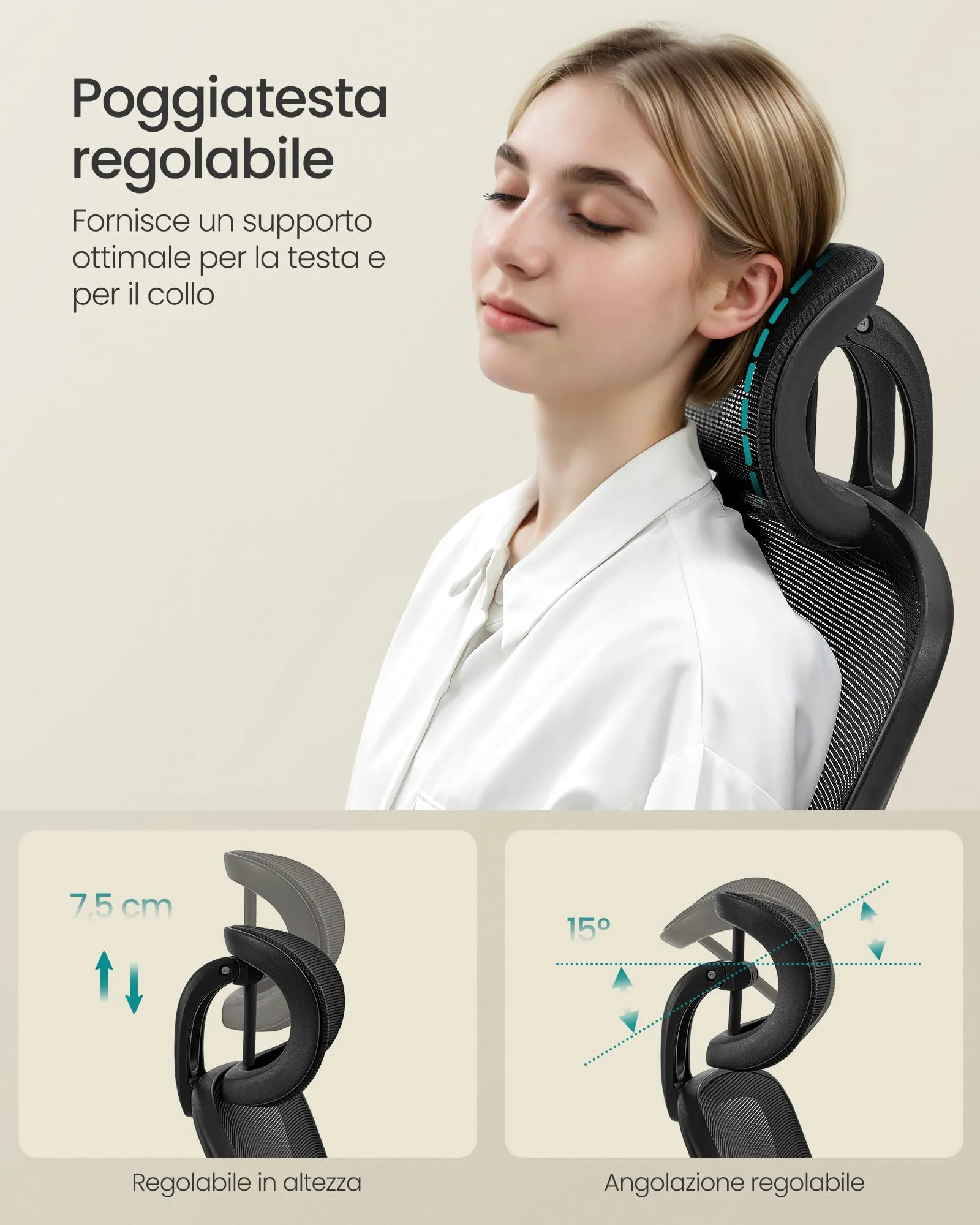 SONGMICS Sedia da Ufficio Girevole Ergonomica in Rete con Supporto Lombare, Braccioli Pieghevoli e Poggiatesta, Nero Inchiostro OBN047B01 - immagine 5