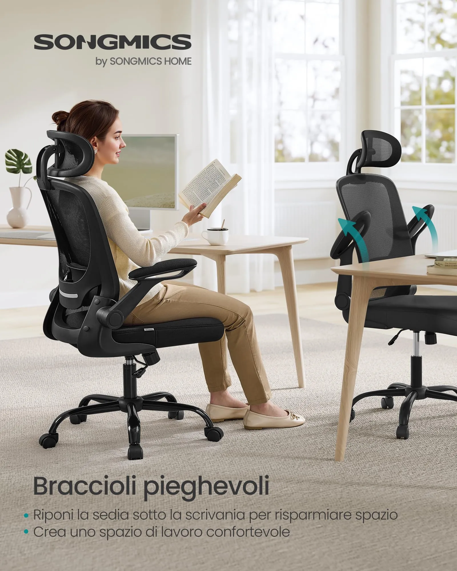 SONGMICS Sedia da Ufficio Girevole Ergonomica in Rete con Supporto Lombare, Braccioli Pieghevoli e Poggiatesta, Nero Inchiostro OBN047B01 - immagine 6