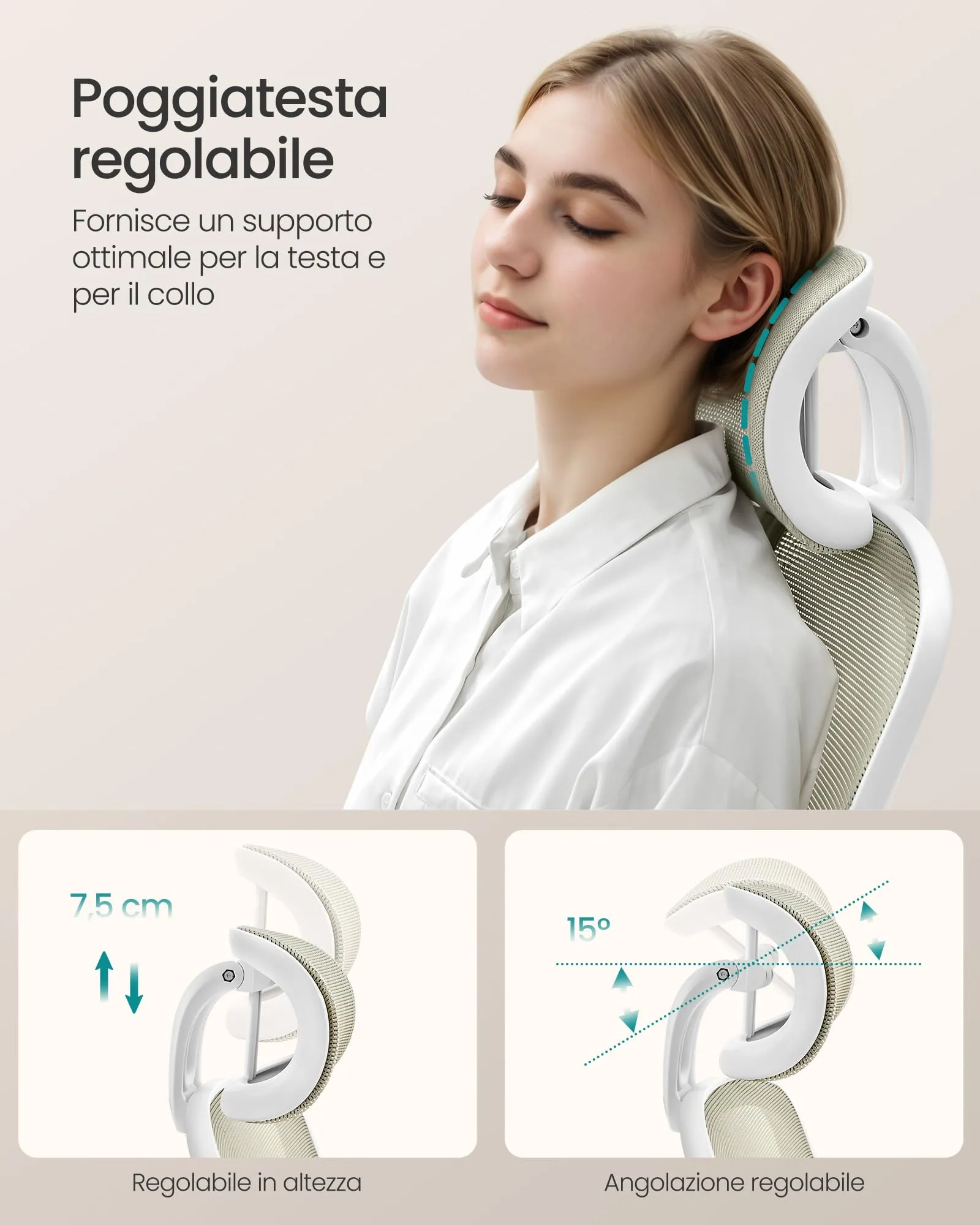 SONGMICS Sedia da Ufficio Ergonomica in Rete con Supporto Lombare e Braccioli Pieghevoli, Beige Cappuccino OBN047K01 - immagine 3