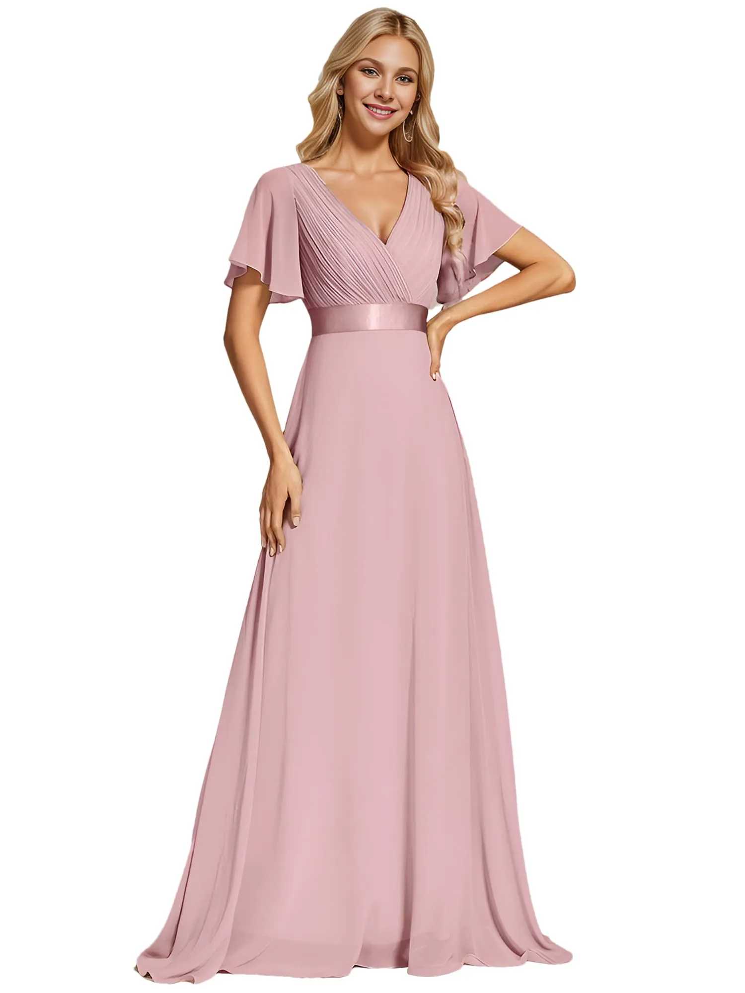 Ever-Pretty Vestito da Cerimonia Donna Scollo a V Linea ad A con Spacco Dusty Rose 34 - immagine 1