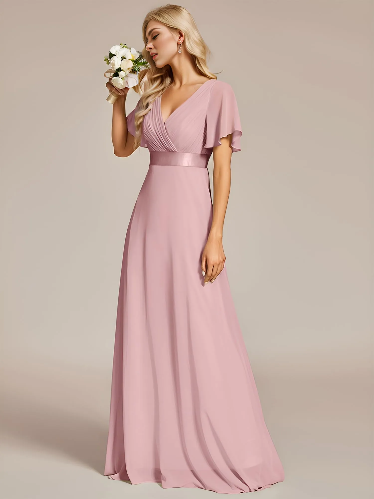 Ever-Pretty Vestito da Cerimonia Donna Scollo a V Linea ad A con Spacco Dusty Rose 34 - immagine 4