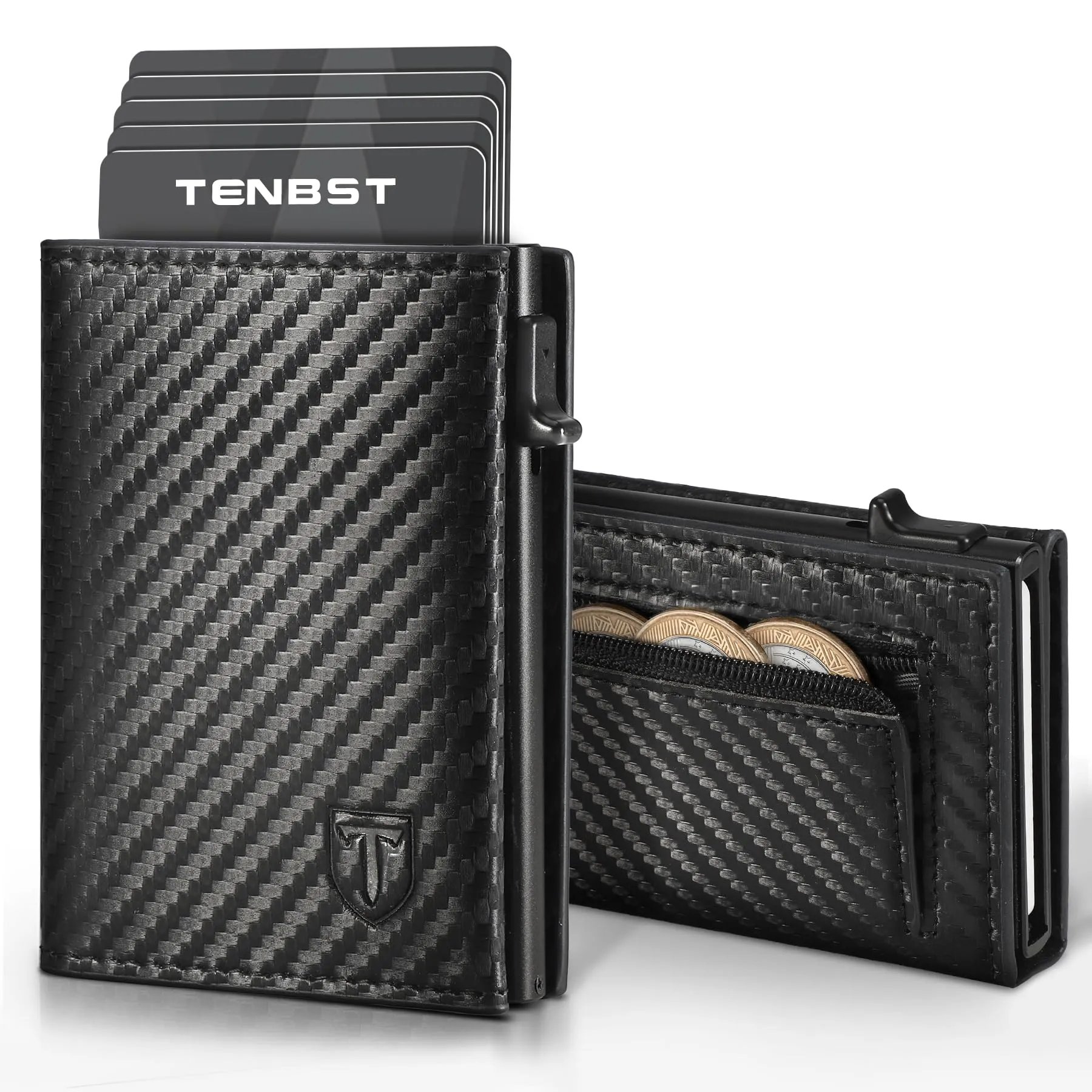 TENBST Portafoglio Uomo Slim in Pelle Fibra di Carbonio con Protezione RFID e Funzione Pop-up, Nero - immagine 1