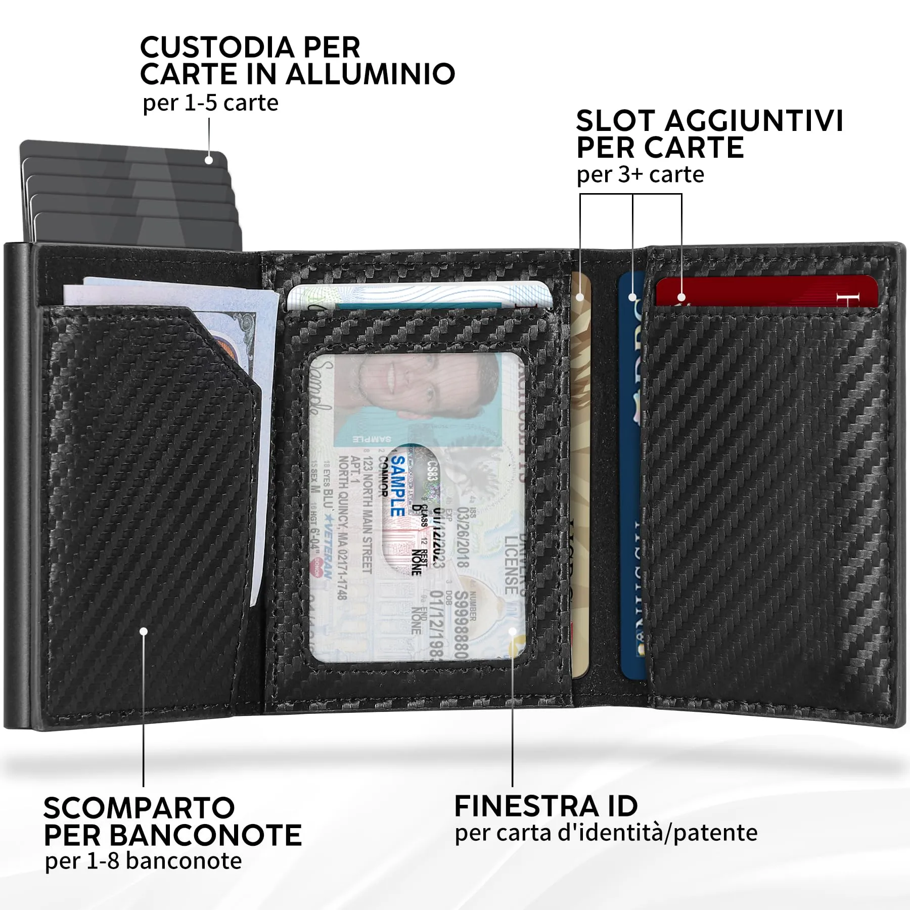 TENBST Portafoglio Uomo Slim in Pelle Fibra di Carbonio con Protezione RFID e Funzione Pop-up, Nero - immagine 2