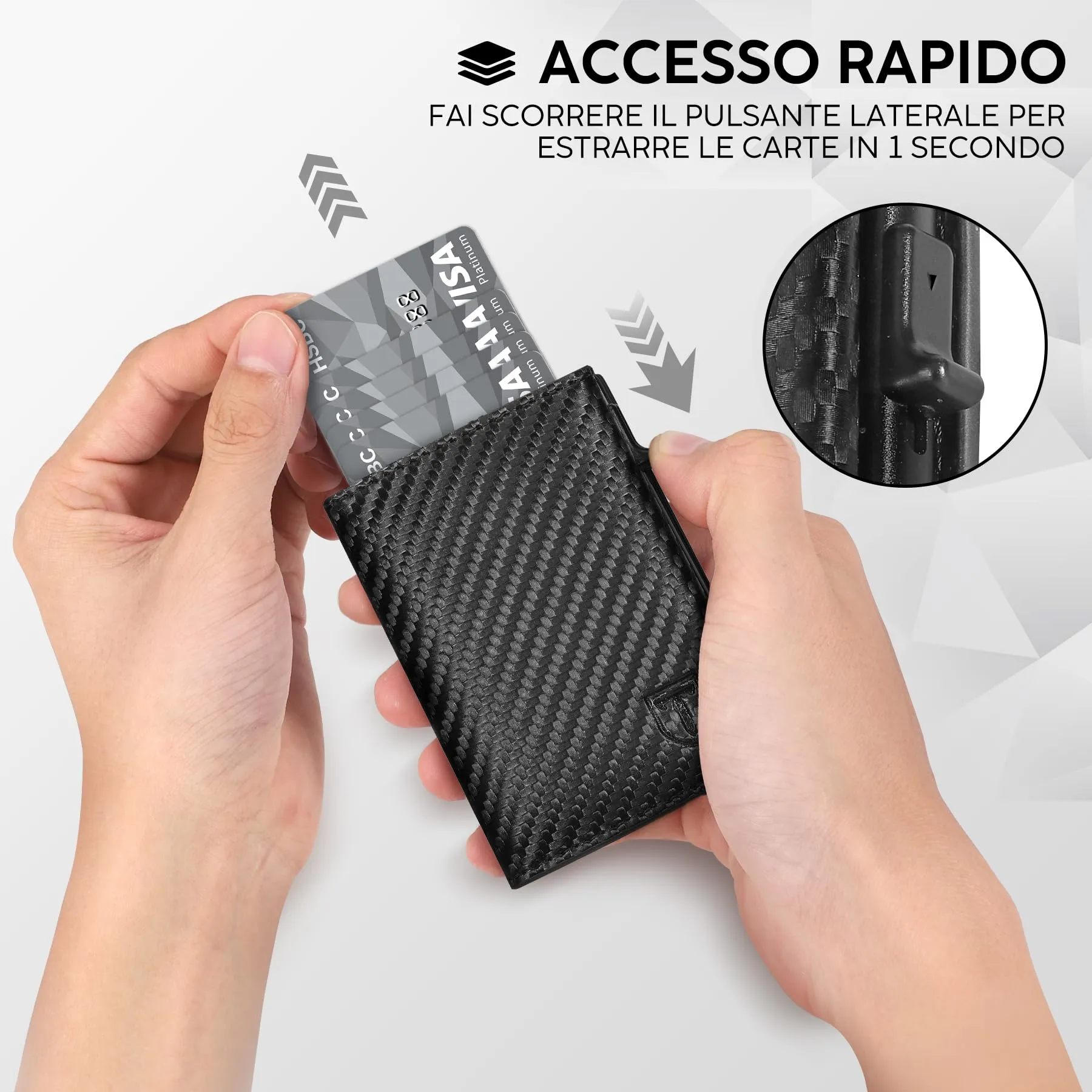 TENBST Portafoglio Uomo Slim in Pelle Fibra di Carbonio con Protezione RFID e Funzione Pop-up, Nero - immagine 3