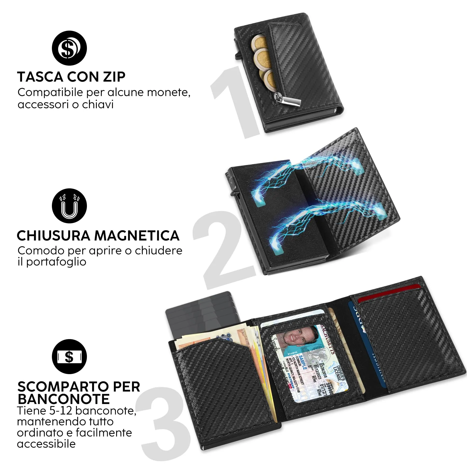 TENBST Portafoglio Uomo Slim in Pelle Fibra di Carbonio con Protezione RFID e Funzione Pop-up, Nero - immagine 4