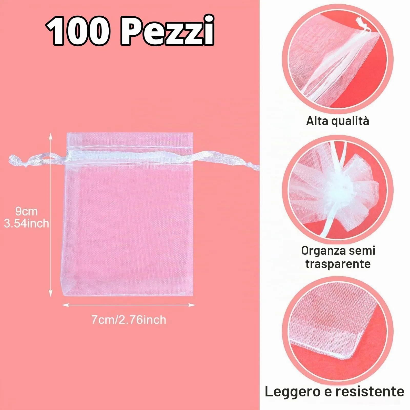 Soodyoow Sacchetti in Organza con Coulisse, 7 x 9 cm, 100 Pezzi - immagine 2