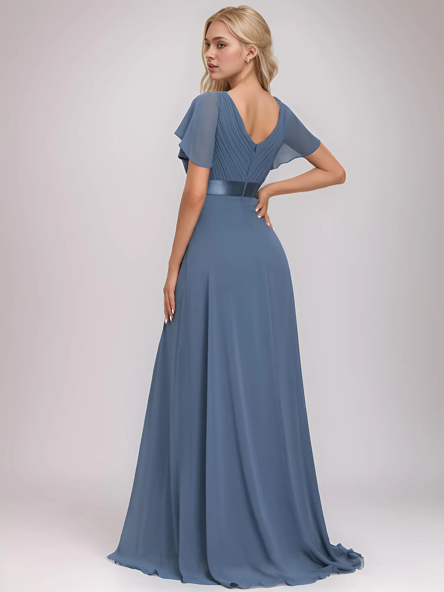 Ever-Pretty Vestito da Cerimonia Donna Scollo a V Linea ad A con Spacco Stile Impero, Denim Blu, 34 - immagine 2