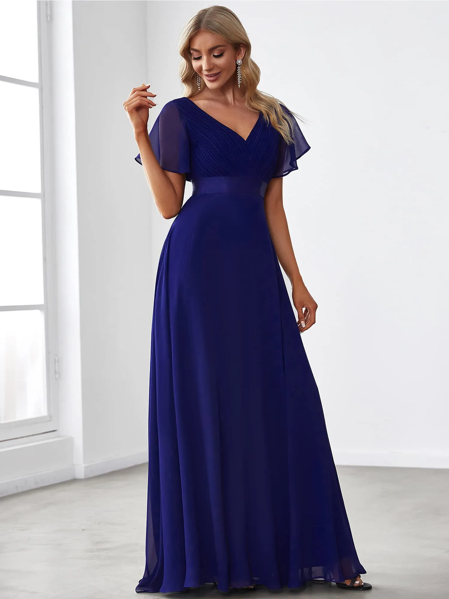 Ever-Pretty Vestito da Cerimonia Donna Scollo a V Linea ad A con Spacco, Dark Blue, 34 - immagine 5