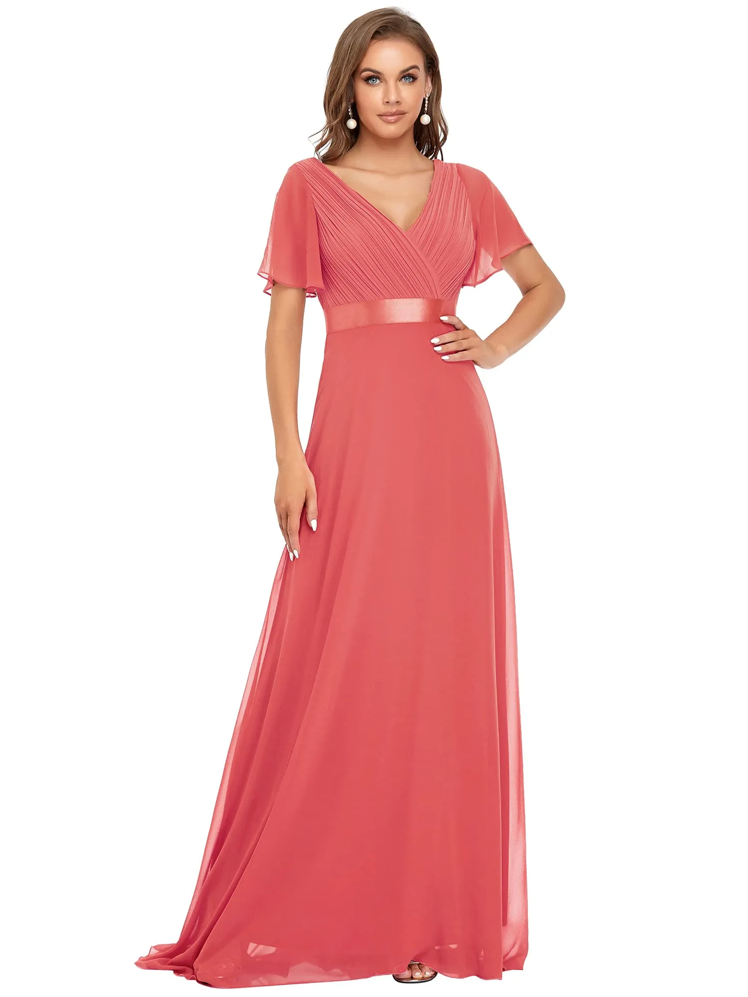 Ever-Pretty Vestito da Cerimonia Donna Scollo a V Linea ad A con Spacco Corallo 34 - immagine 1