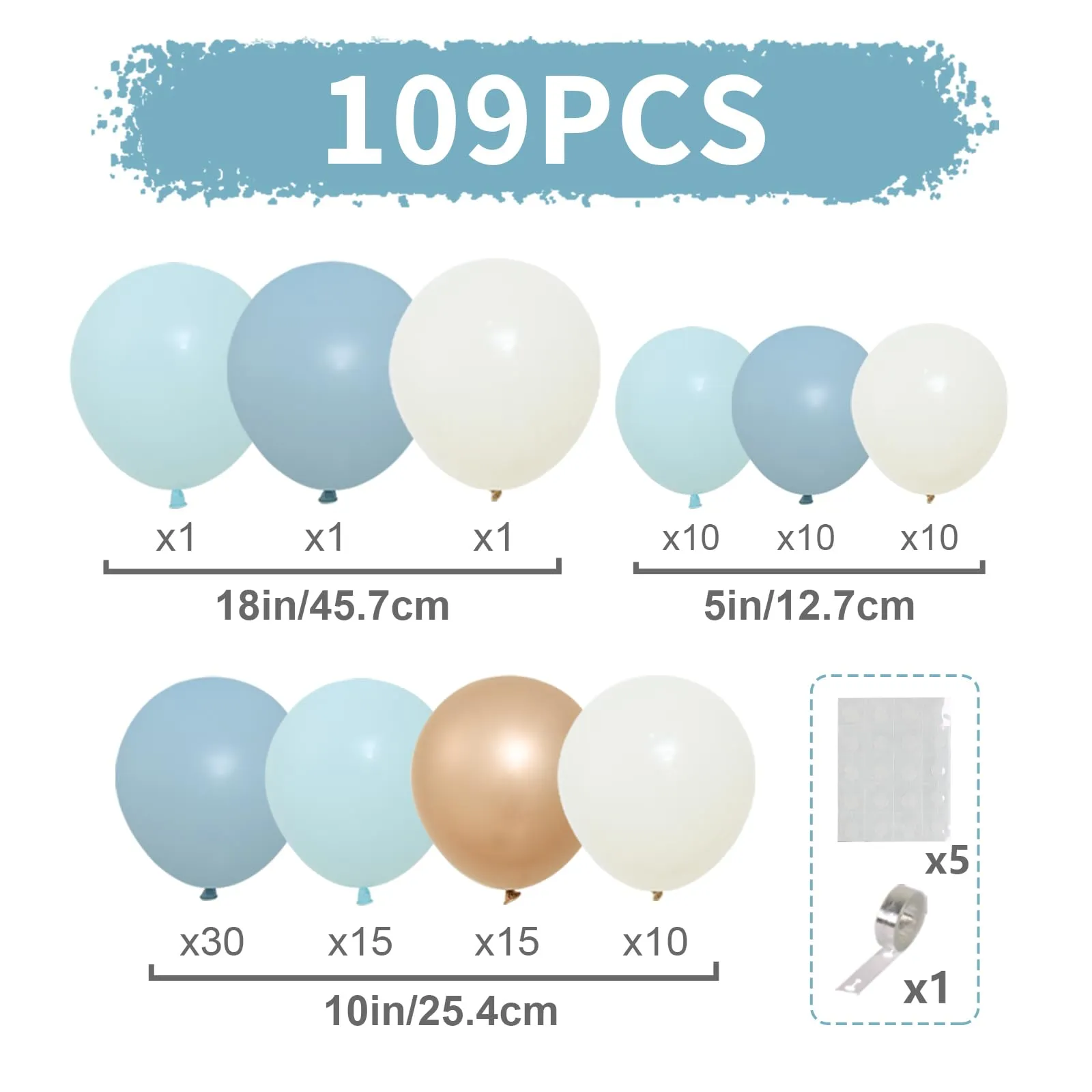 fairymaiden Kit Arco di Palloncini Blu, 105 pezzi, con Oro, Bianco Sabbia e Azzurro - immagine 2