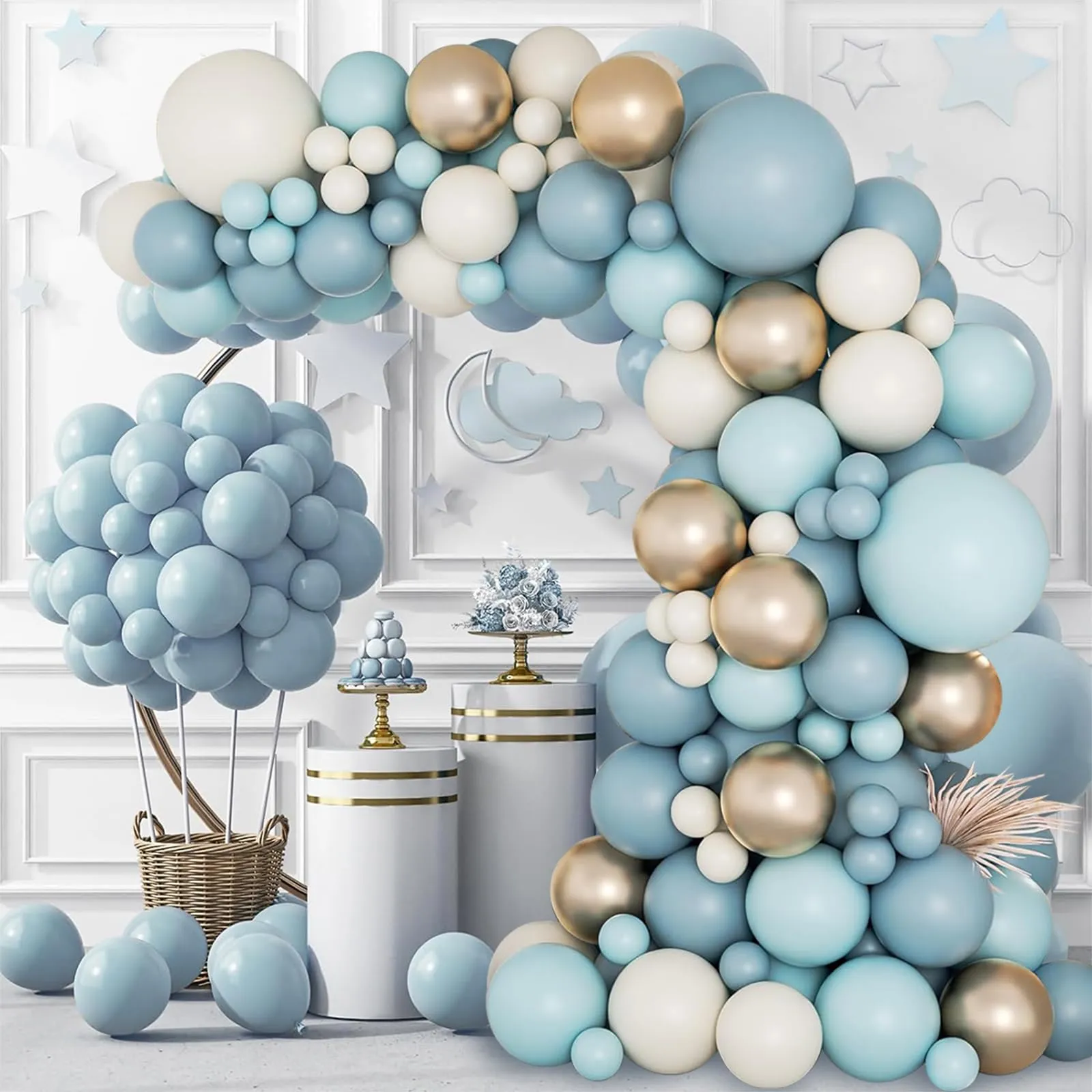 fairymaiden Kit Arco di Palloncini Blu, 105 pezzi, con Oro, Bianco Sabbia e Azzurro - immagine 3