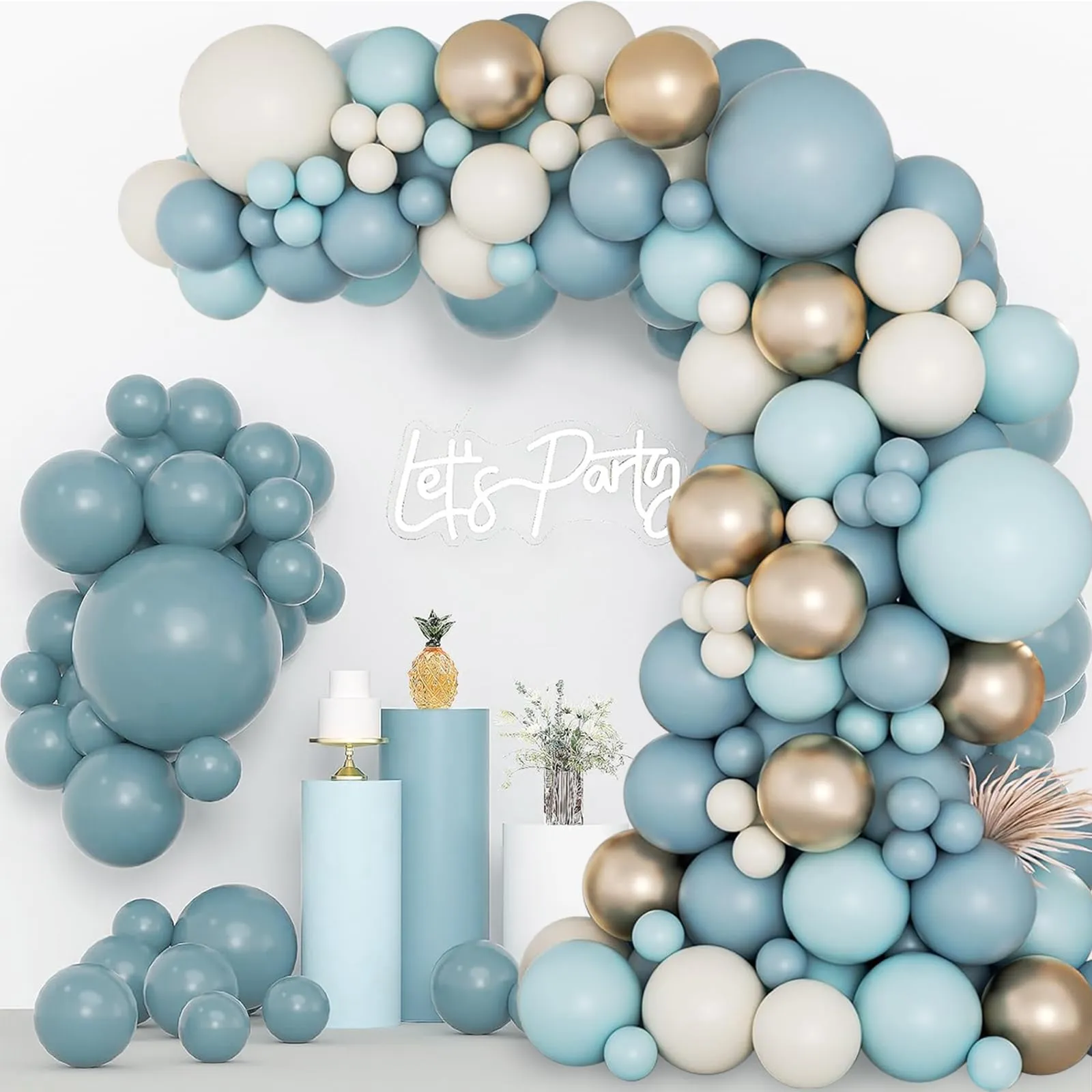 fairymaiden Kit Arco di Palloncini Blu, 105 pezzi, con Oro, Bianco Sabbia e Azzurro - immagine 5