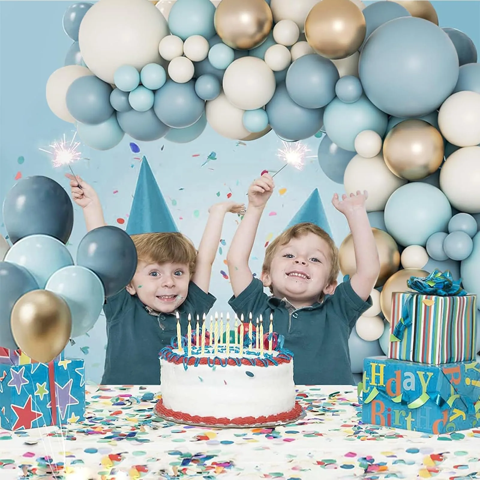 fairymaiden Kit Arco di Palloncini Blu, 105 pezzi, con Oro, Bianco Sabbia e Azzurro - immagine 7