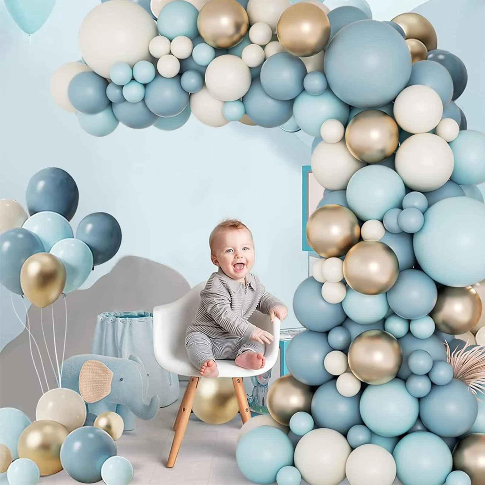 fairymaiden Kit Arco di Palloncini Blu, 105 pezzi, con Oro, Bianco Sabbia e Azzurro - immagine 8