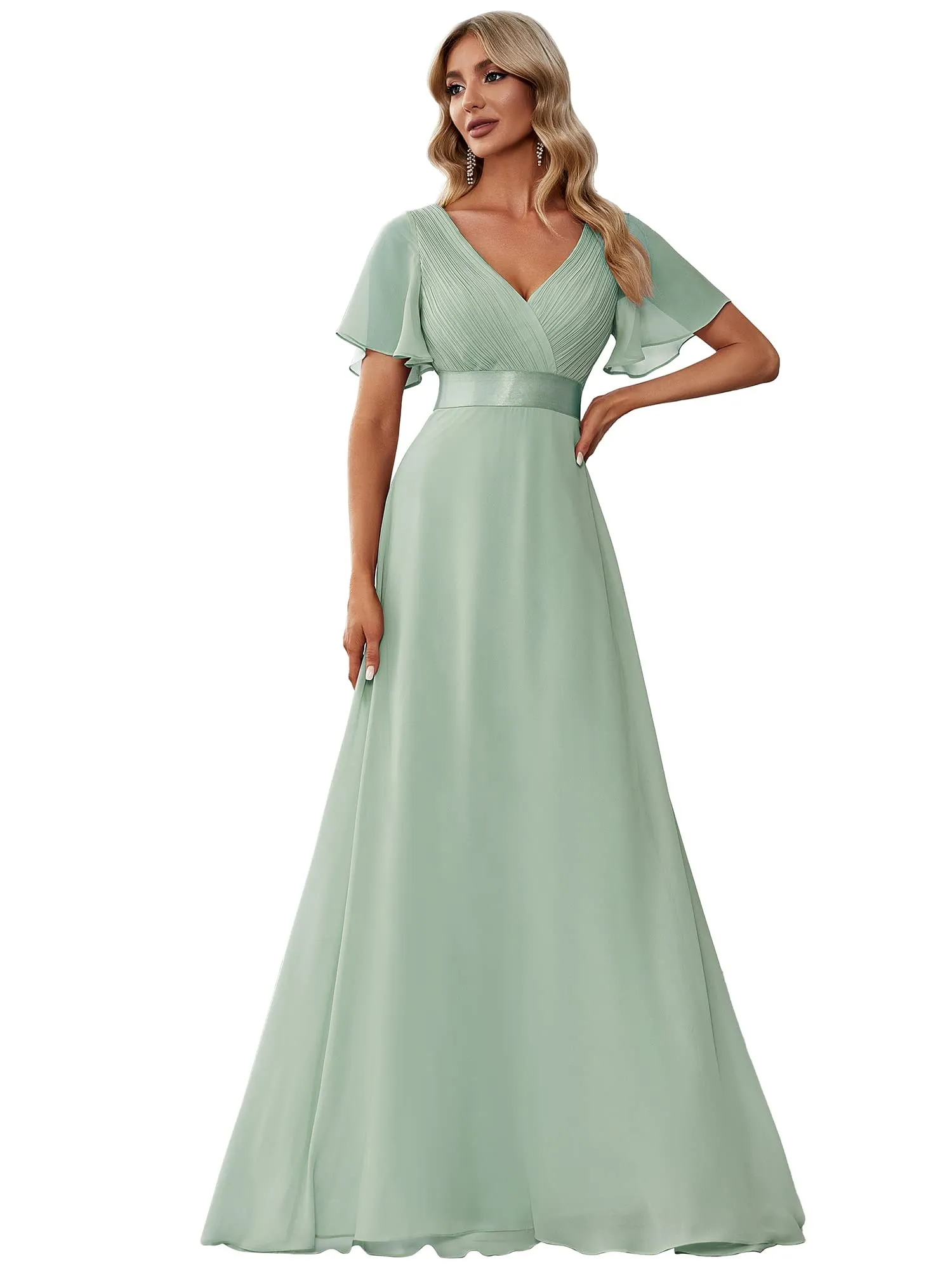 Ever-Pretty Vestito da Cerimonia Donna Scollo a V Linea ad A con Spacco Menta Verde 34 - immagine 1
