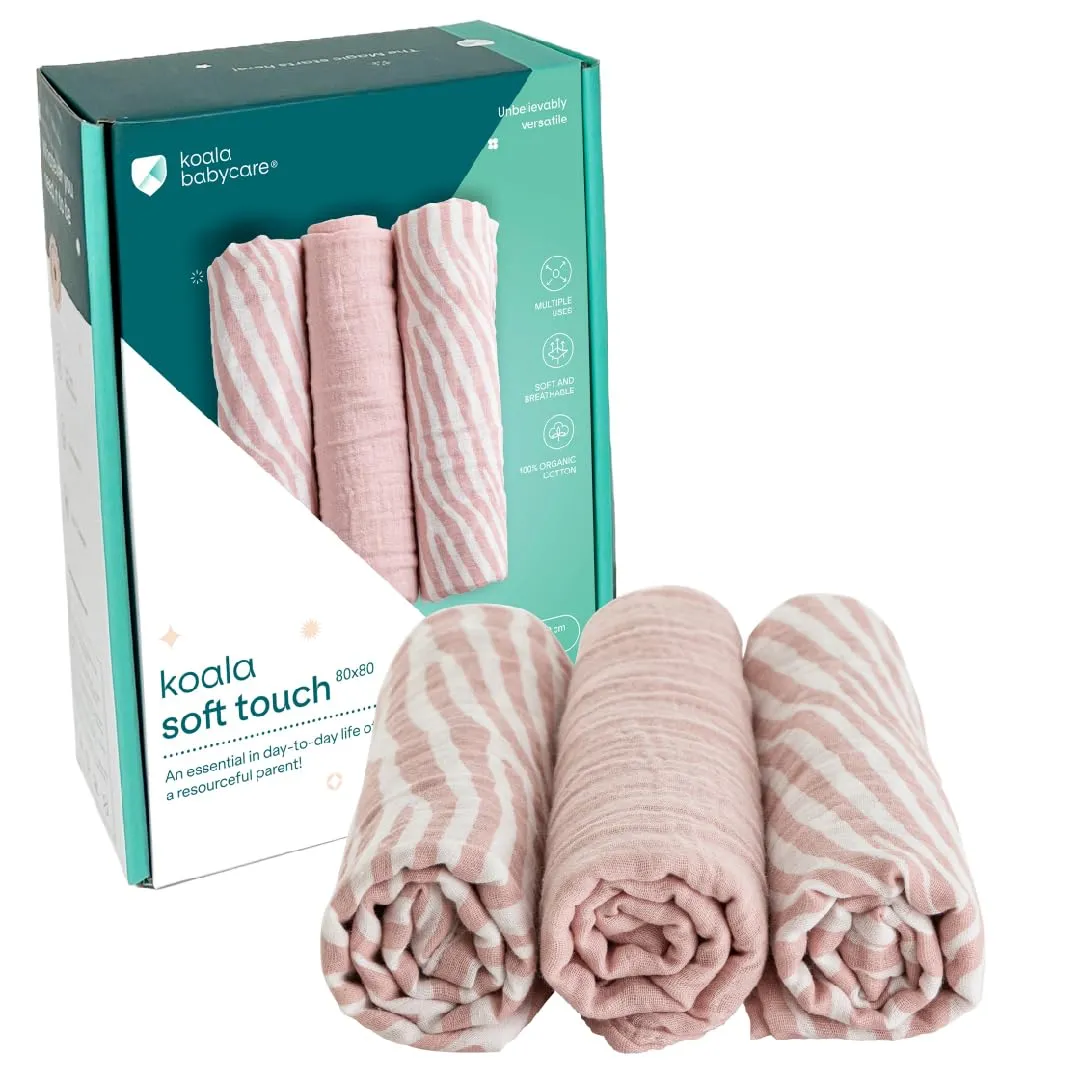 Koala Babycare Mussole Neonato in Cotone 100%, 3 Pezzi 80x80cm, Rosa Sabbia Tigrato - immagine 1