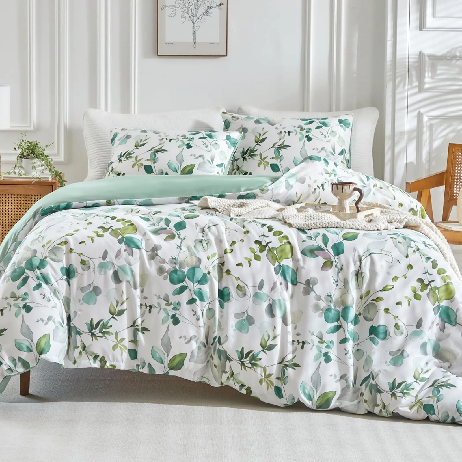 Tokokimo Set Copripiumino Matrimoniale 3 Pezzi in Microfibra con Motivo a Ramoscelli e Foglie, 240x220cm, Verde - immagine 1