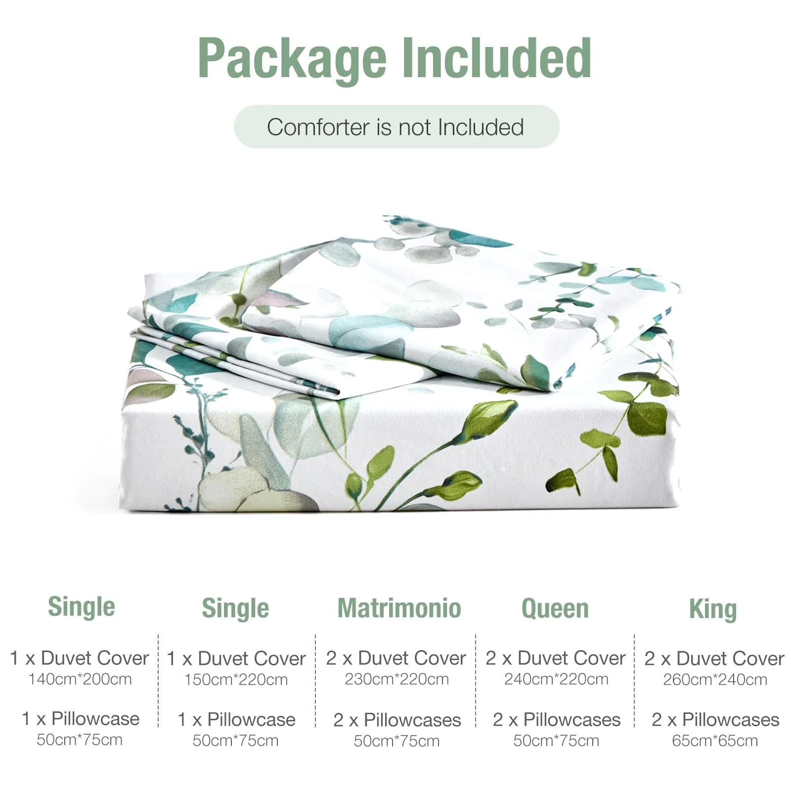 Tokokimo Set Copripiumino Matrimoniale 3 Pezzi in Microfibra con Motivo a Ramoscelli e Foglie, 240x220cm, Verde - immagine 6