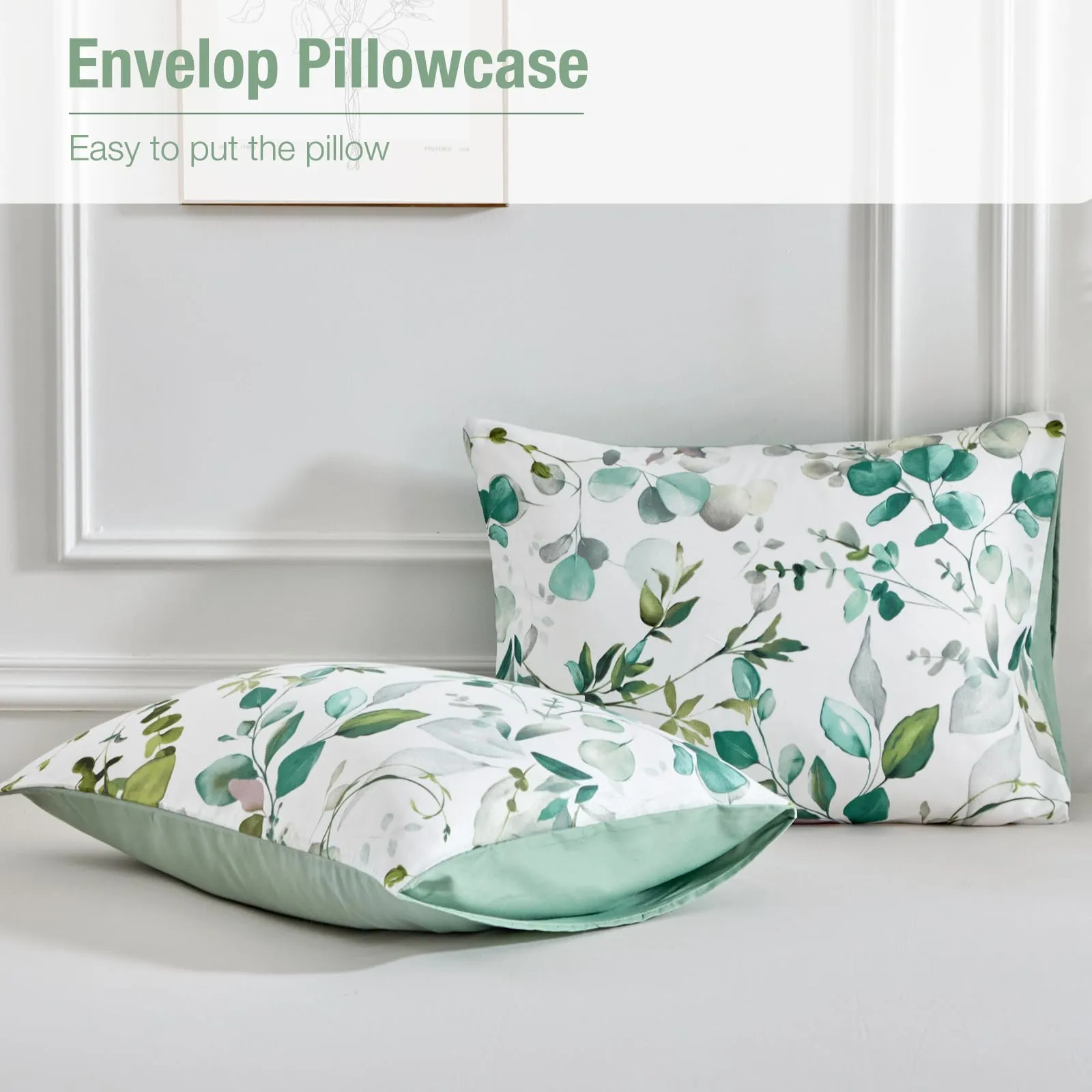 Tokokimo Set Copripiumino Matrimoniale 3 Pezzi in Microfibra con Motivo a Ramoscelli e Foglie, 240x220cm, Verde - immagine 7