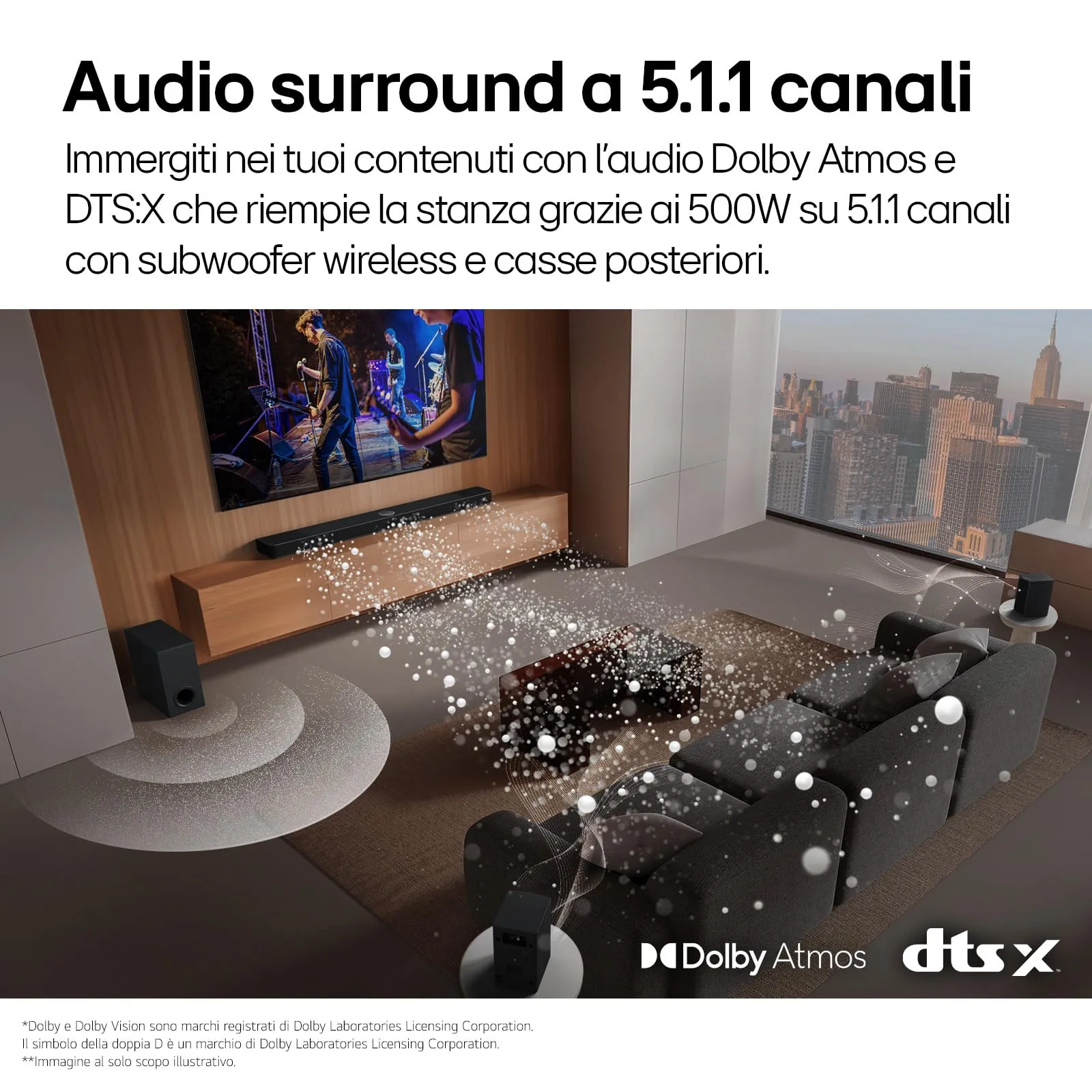 LG S70TR Soundbar 5.1.1 Canali con Subwoofer Wireless e Casse Posteriori, Dolby Atmos, DTS:X, HDMI Passthrough 4K 120Hz, AI Sound Pro - immagine 5