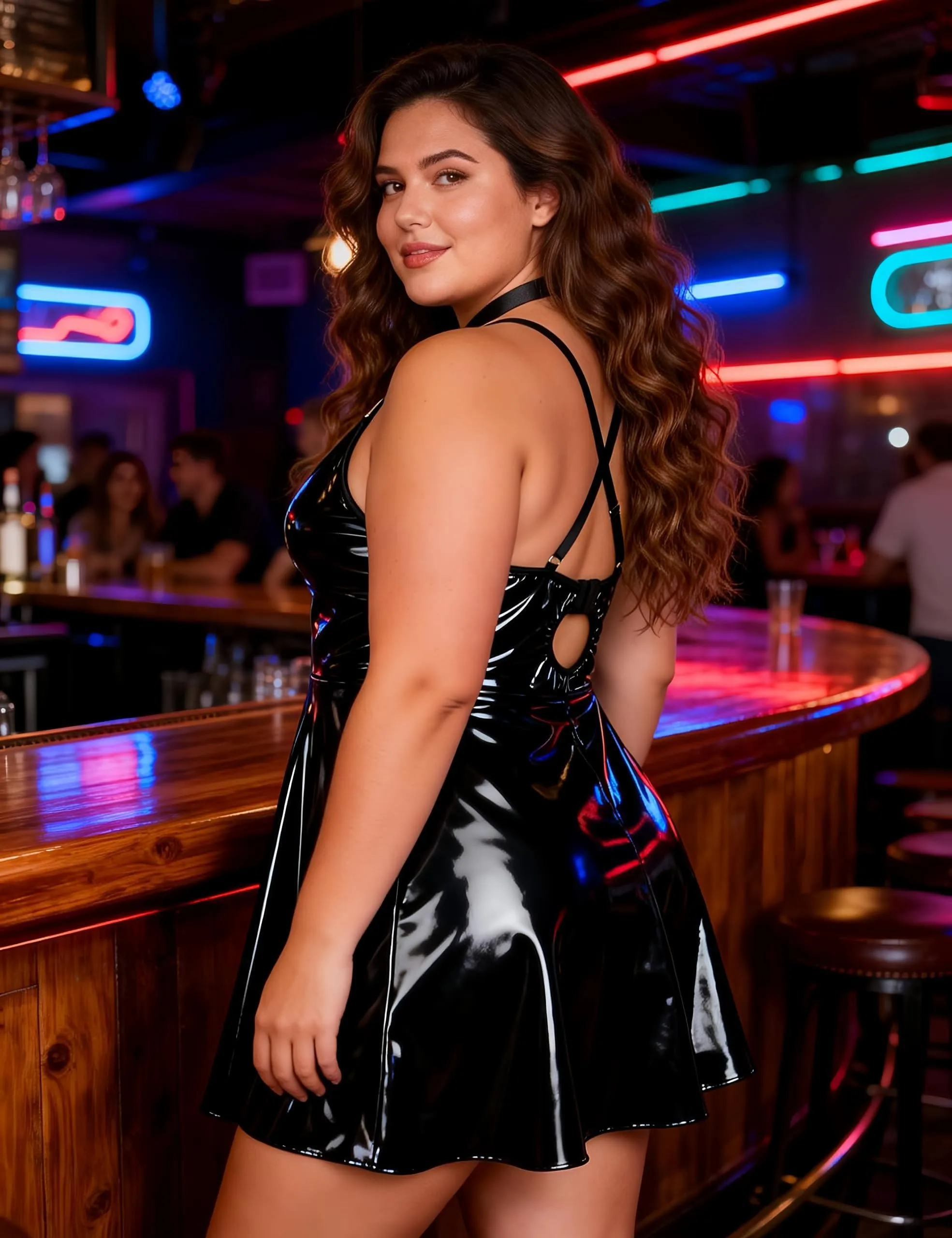 sunshinelady Abito Corto in PU per Donna Curvy con Collare e Scollo a V, Nero, L - immagine 2