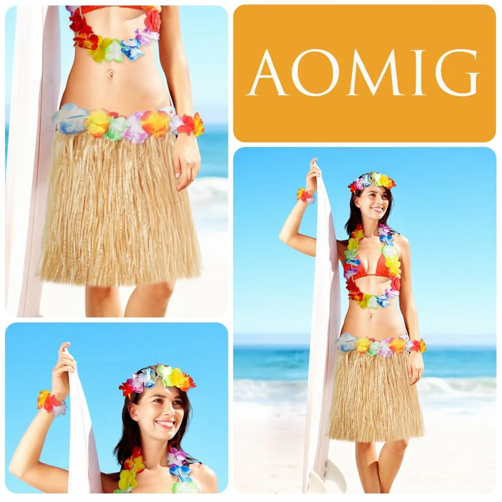 Aomig Set Gonna Hula Hawaiana 5 Pezzi, Costume Tropicale con Ghirlande di Fiori da 40 cm per Bambini e Adulti - immagine 2