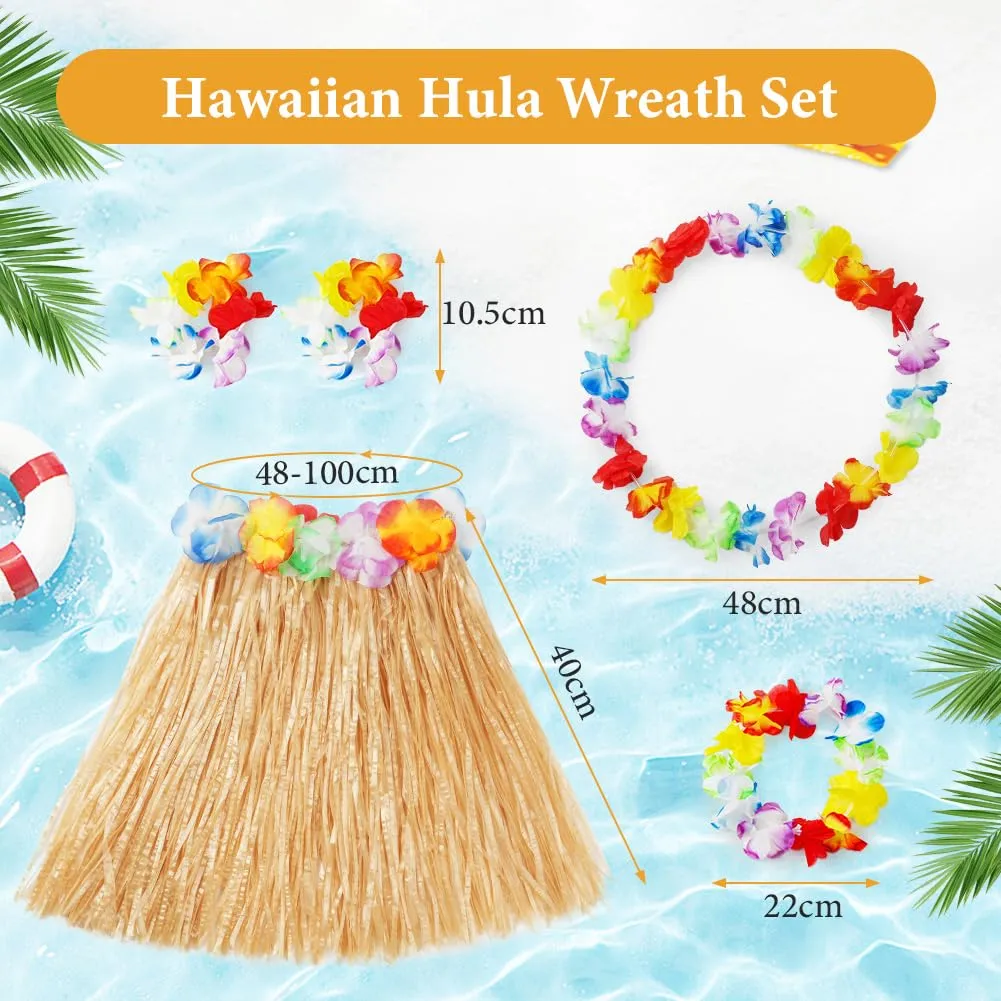 Aomig Set Gonna Hula Hawaiana 5 Pezzi, Costume Tropicale con Ghirlande di Fiori da 40 cm per Bambini e Adulti - immagine 3