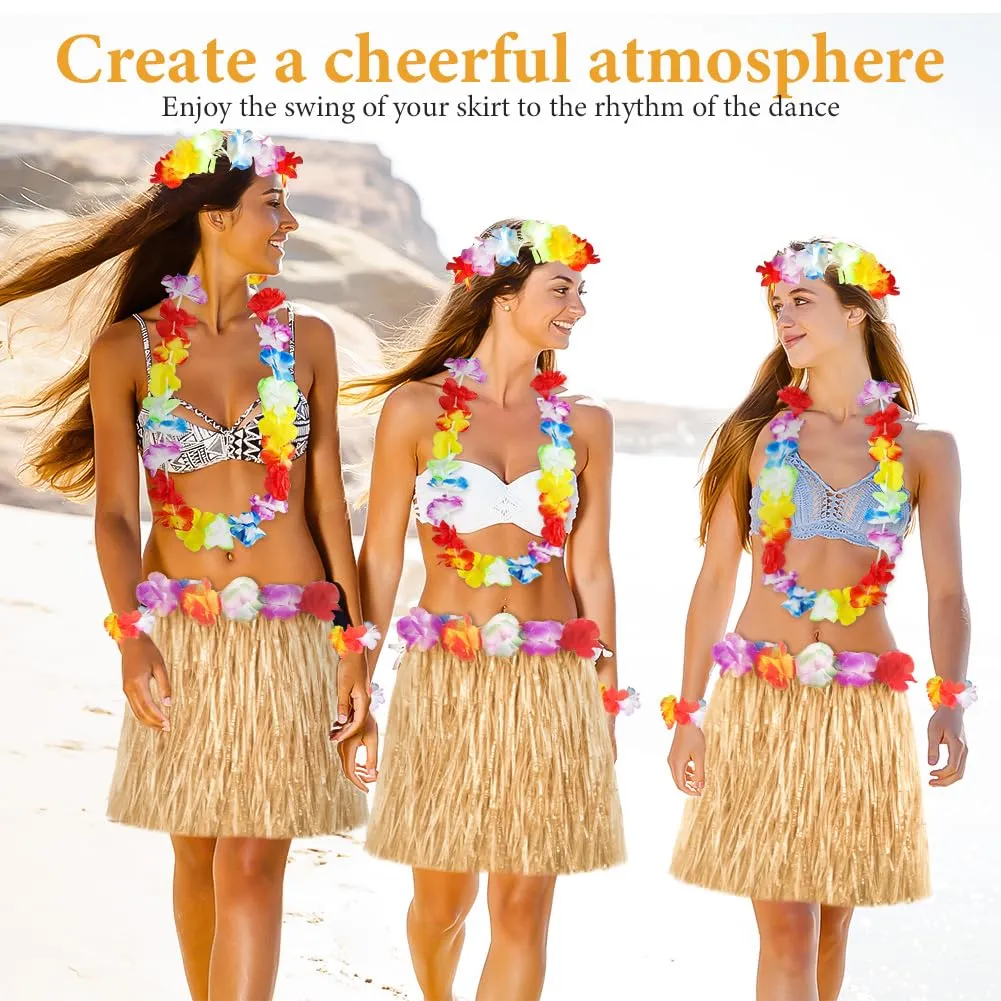 Aomig Set Gonna Hula Hawaiana 5 Pezzi, Costume Tropicale con Ghirlande di Fiori da 40 cm per Bambini e Adulti - immagine 5