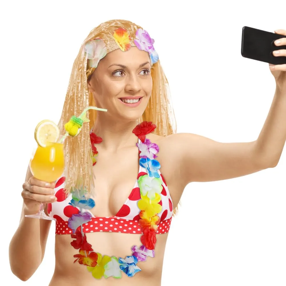 Aomig Set Gonna Hula Hawaiana 5 Pezzi, Costume Tropicale con Ghirlande di Fiori da 40 cm per Bambini e Adulti - immagine 8