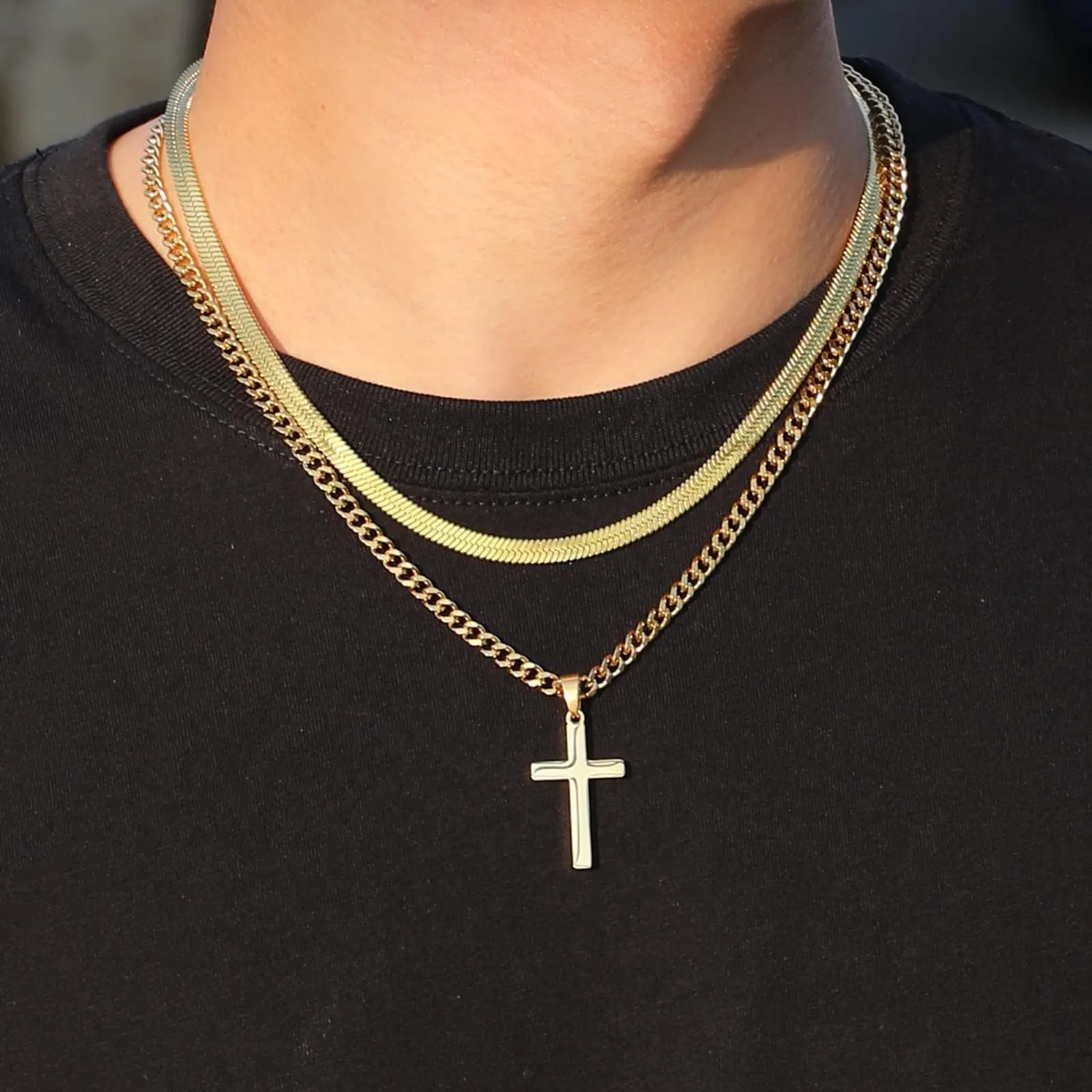 Esmoly Collana Crocifisso Uomo in Acciaio Inossidabile 316L, Catena Cubana e Serpente, Oro 18+20 Inches - immagine 2