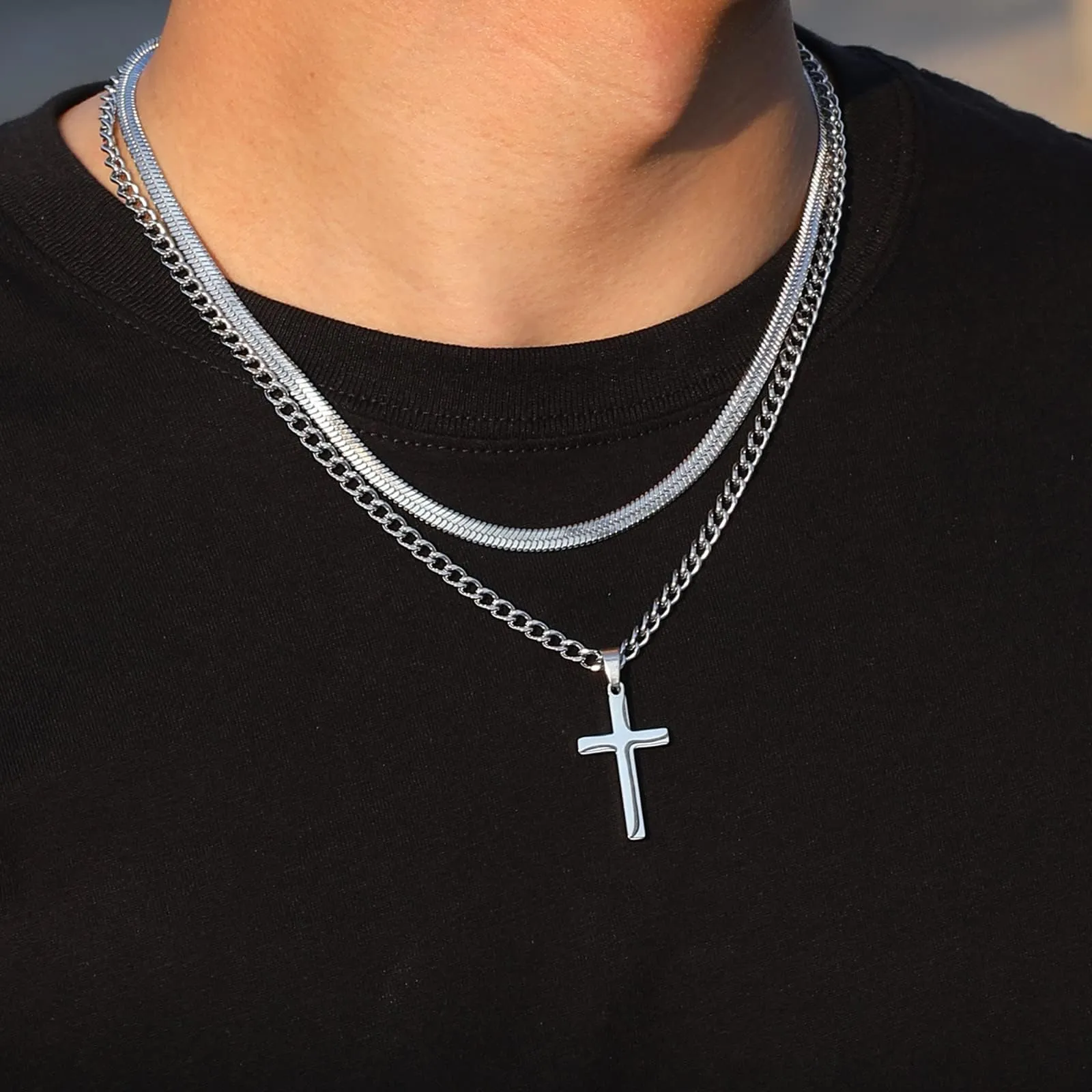 Esmoly Collana Crocifisso Uomo in Acciaio Inossidabile 316L Catena Cubana e Serpente Argento 16+18 Inches - immagine 3