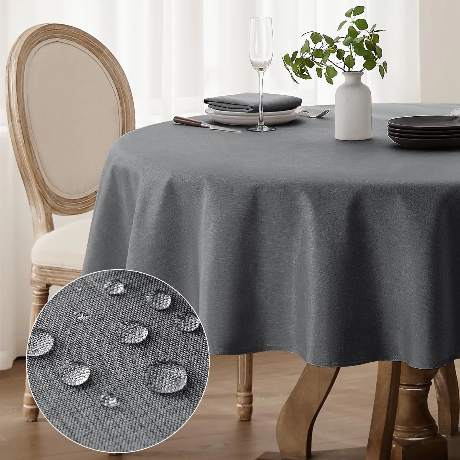 Softalker Tovaglia Rotonda 180 cm in Finto Lino, Grigio, Antimacchia e Idrorepellente - immagine 1
