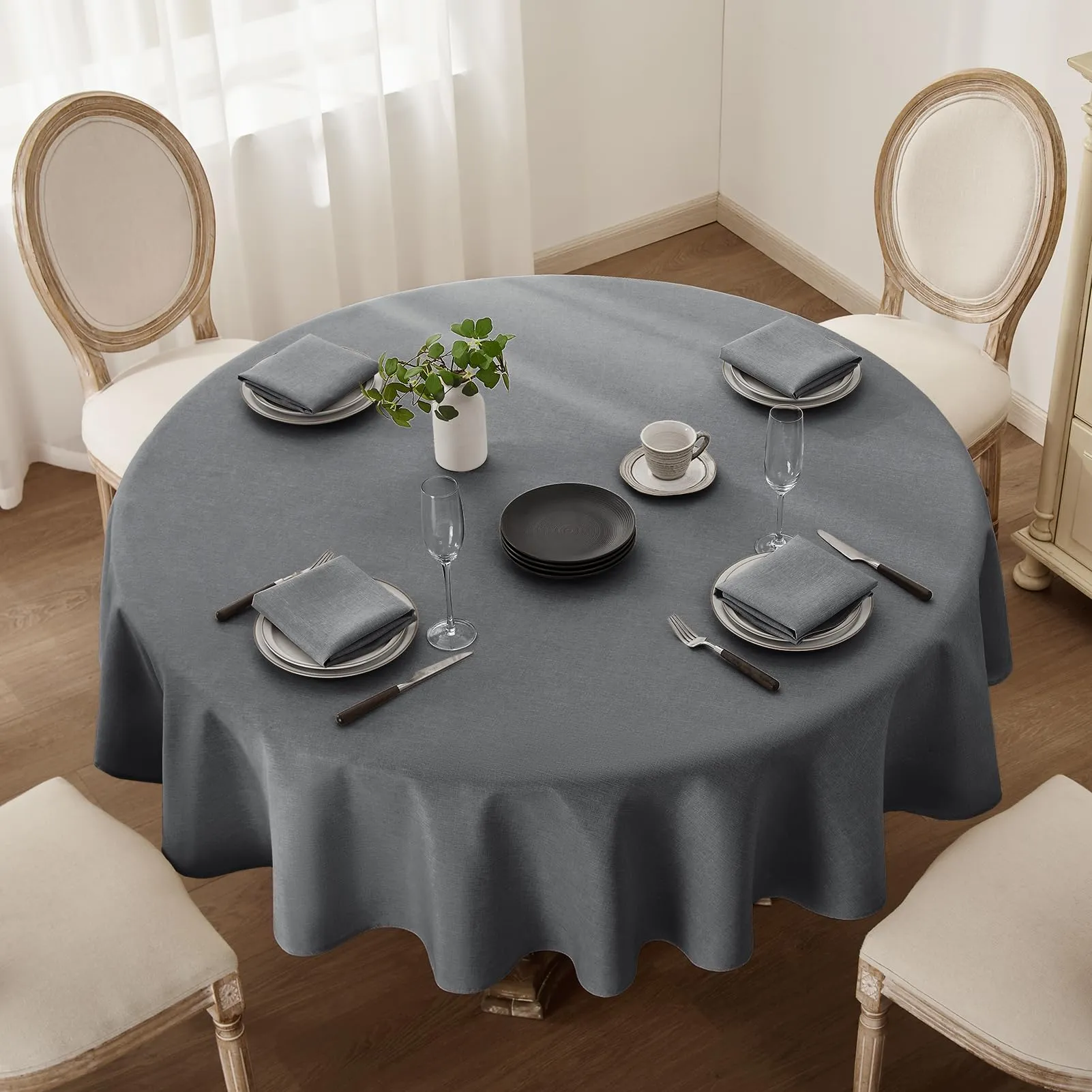 Softalker Tovaglia Rotonda 160 cm in Finto Lino, Antimacchia e Idrorepellente, Grigio - immagine 2